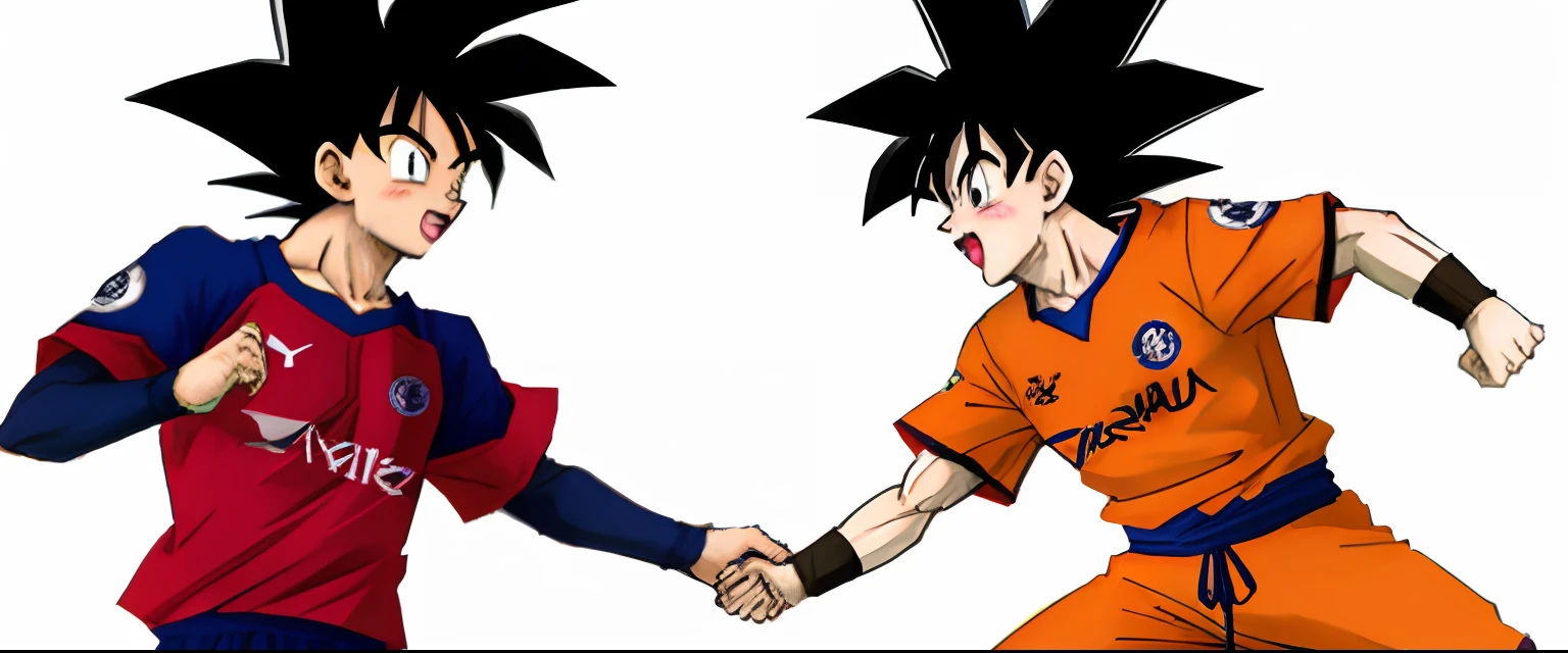 Goku from dragon ball anime wearing chelsea football club jersey in a battle with naruto from naruto anime