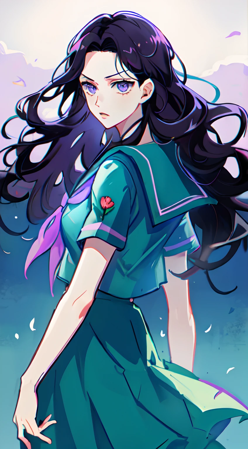 masterpiece, best quality, absurdres, 1girl, yamagishi yukako, medium breasts, long hair, black hair, wavy hair, purple eyes, school uniform, rose, serafuku, teal shirt, short sleeves, teal skirt, dramatic lighting, bloom, backlighting, cowboy shot, blue lipstick, full lips, extremely long hair