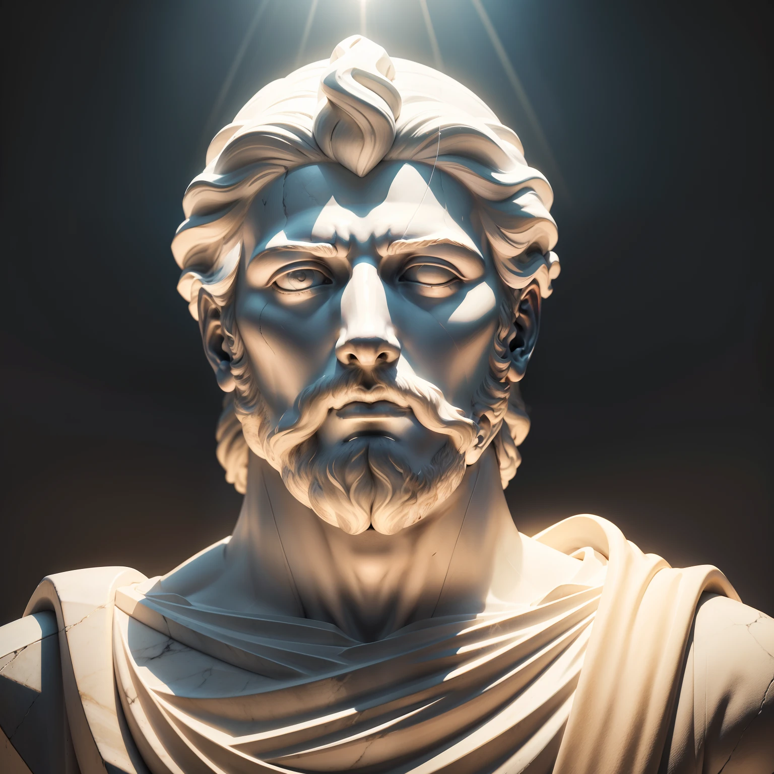 marble statue of the head of Zeno of Scythia, rosto frontal de marmore, marble shine in the sun, detalhes intrincados, Rosto perfeito ultrarrealista, Camadas, bordas suaves, Sombras profundas, complex volumetric lighting, hiper-realismo, ambiente escuro misterioso,