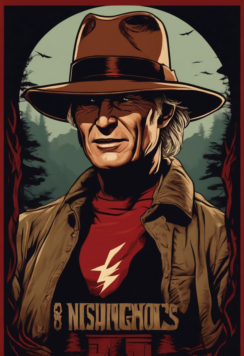 ((masterpiece, Top image quality, hight resolution、独奏、small tits、wearing a t - shirt with a man in a hat and a lightning bolt, vector art inspired by Clint Cearley, Artstation contest winner, digital art, red dead redemption art style, shirt art, indiana jones, tshirt design, freddy krueger style, style of a clint eastwood movie, shirt design, in the art style of dan mumford, epic portrait illustration on land、track and field athlete、high-ponytail Hairstyle、no-bra、full body Esbian、A smile、A slight smil、Tecateca skin、glowy skin))、Sweaty face、Latina, puberty, full of sweat、red lipsticks、Walk along the tracks of the athletics stadium、独奏、On both hands and hips、Navel is visible、((Thigh Raising Training))、((Running on the track))、(((Macho Body)))、((t-shirt wet with sweat))、(((see the whole body)))