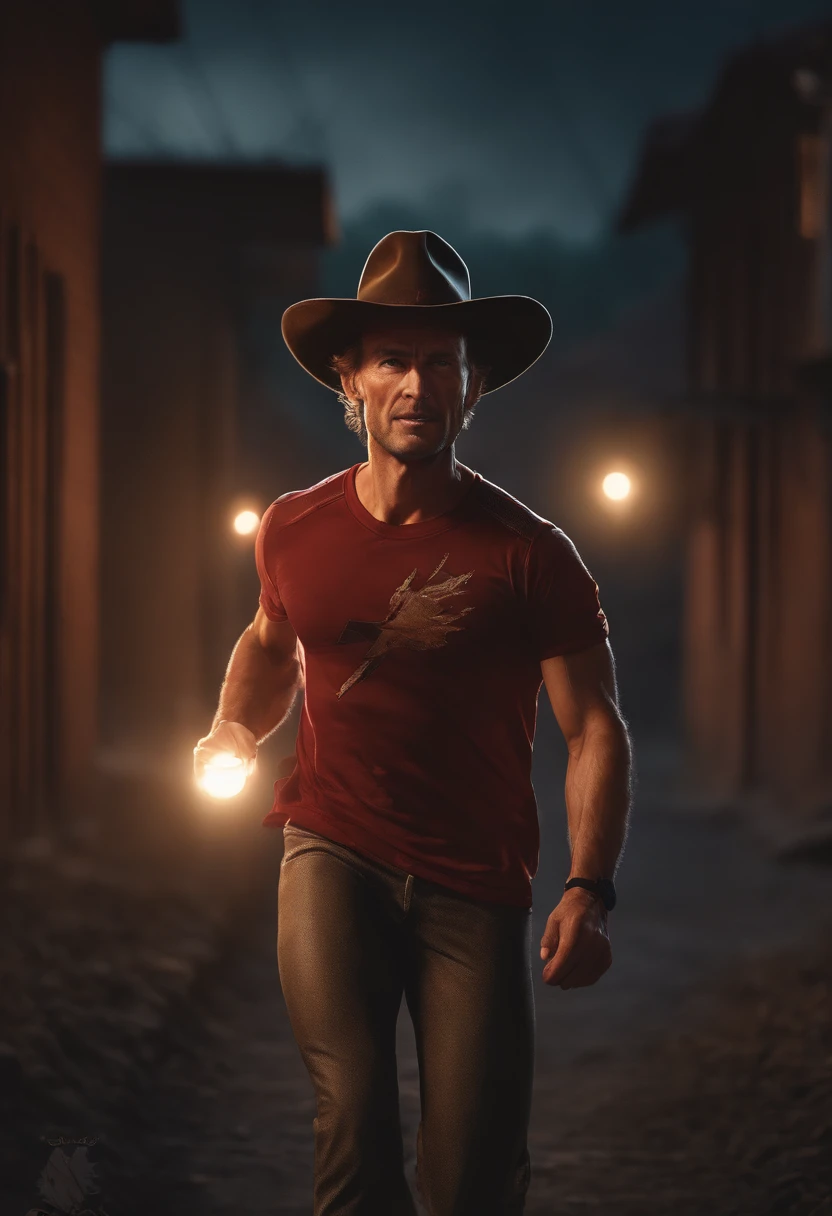 ((masterpiece, Top image quality, hight resolution、独奏、small tits、wearing a t - shirt with a man in a hat and a lightning bolt, vector art inspired by Clint Cearley, Artstation contest winner, digital art, red dead redemption art style, shirt art, indiana jones, tshirt design, freddy krueger style, style of a clint eastwood movie, shirt design, in the art style of dan mumford, epic portrait illustration on land、track and field athlete、high-ponytail Hairstyle、no-bra、full body Esbian、A smile、A slight smil、Tecateca skin、glowy skin))、Sweaty face、Latina, puberty, full of sweat、red lipsticks、Walk along the tracks of the athletics stadium、独奏、On both hands and hips、Navel is visible、((Thigh Raising Training))、((Running on the track))、(((Macho Body)))、((t-shirt wet with sweat))、(((see the whole body)))