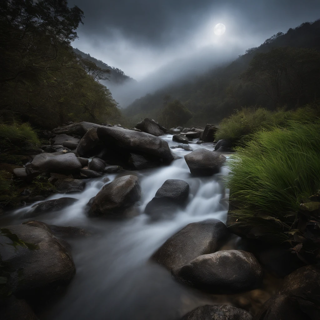 Magnificent view,Forest mountain landscape photography,Nature,It just rained,Bushes in the moonlight,Turquoise blue water,Megaliths of various shapes,Alpine cliffs,1 white Phalaenopsis orchid,Minimalist cyan black and white gray tones,foggy sky,Nightmare vision, Dark fantasy plot,Perfect and excellent composition,8K分辨率,the detail,Rain trails,dampness,water stain,very wide angle shot,Jack Guzman's environmental art photography,realisticlying,cinematic compositions,Volumetriclighting,vividness, A detailed, stunning skies, Colorful clouds float,true to life, Pubic area is clear, flawless perfection, Digital SLR, 16k, 1024, 2048, 4096, A detailed, Sharp, best qualtiy, high qulity, absurderes,unmanned background,The is very detailed、Detailed lighting shadows,Trends on ArtStation、iintricate、high detal、dramatics、Midjourney Art(Volumetriclighting:1.2)hdr shot。(Faraway view,Super deep view,ultra-wide-angle,Microfocal length lens:1.2)(realisticlying:1.4)tmasterpiece、high high quality、Beautiful photography、globalillumination、