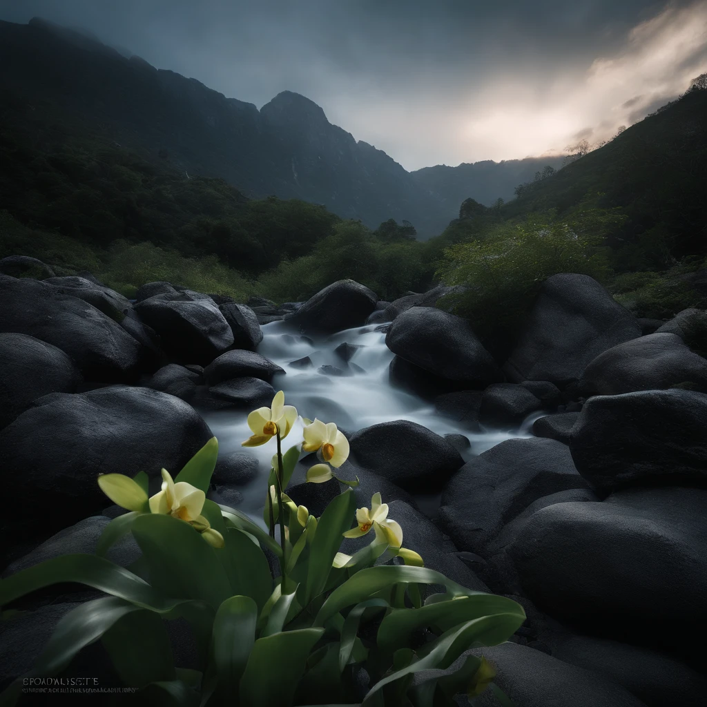 Magnificent view，Forest mountain landscape photography，Nature，It just rained，Bushes in the moonlight，Turquoise blue water，Megaliths of various shapes，Alpine cliffs，1 white Phalaenopsis orchid，Minimalist cyan black and white gray tones，foggy sky，Nightmare vision， Dark fantasy plot，Perfect and excellent composition，8K分辨率，the detail，Rain trails，dampness，water stain，very wide angle shot，Jack Guzman's environmental art photography，realisticlying，cinematic compositions，Volumetriclighting，vividness, A detailed, stunning skies, Colorful clouds float，true to life, Pubic area is clear, flawless perfection, Digital SLR, 16k, 1024, 2048, 4096, A detailed, Sharp, best qualtiy, high qulity, absurderes，unmanned background，The is very detailed、Detailed lighting shadows，Trends on ArtStation、iintricate、high detal、dramatics、Midjourney Art（Volumetriclighting：1.2）hdr shot。（Faraway view，Super deep view，ultra-wide-angle，Microfocal length lens：1.2）（realisticlying：1.4）tmasterpiece、high high quality、Beautiful photography、globalillumination、
