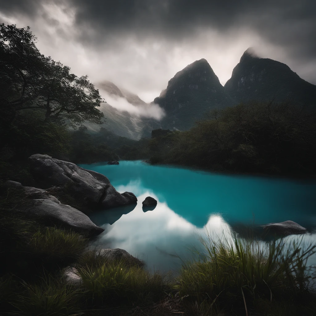 Magnificent view,Forest mountain landscape photography,Nature,It just rained,Bushes in the moonlight,Turquoise blue water,Megaliths of various shapes,Alpine cliffs,1 white Phalaenopsis orchid,Minimalist cyan black and white gray tones,foggy sky,Nightmare vision, Dark fantasy plot,Perfect and excellent composition,8K分辨率,the detail,Rain trails,dampness,water stain,very wide angle shot,Jack Guzman's environmental art photography,realisticlying,cinematic compositions,Volumetriclighting,vividness, A detailed, stunning skies, Colorful clouds float,true to life, Pubic area is clear, flawless perfection, Digital SLR, 16k, 1024, 2048, 4096, A detailed, Sharp, best qualtiy, high qulity, absurderes,unmanned background,The is very detailed、Detailed lighting shadows,Trends on ArtStation、iintricate、high detal、dramatics、Midjourney Art(Volumetriclighting:1.2)hdr shot。(Faraway view,Super deep view,ultra-wide-angle,Microfocal length lens:1.2)(realisticlying:1.4)tmasterpiece、high high quality、Beautiful photography、globalillumination、