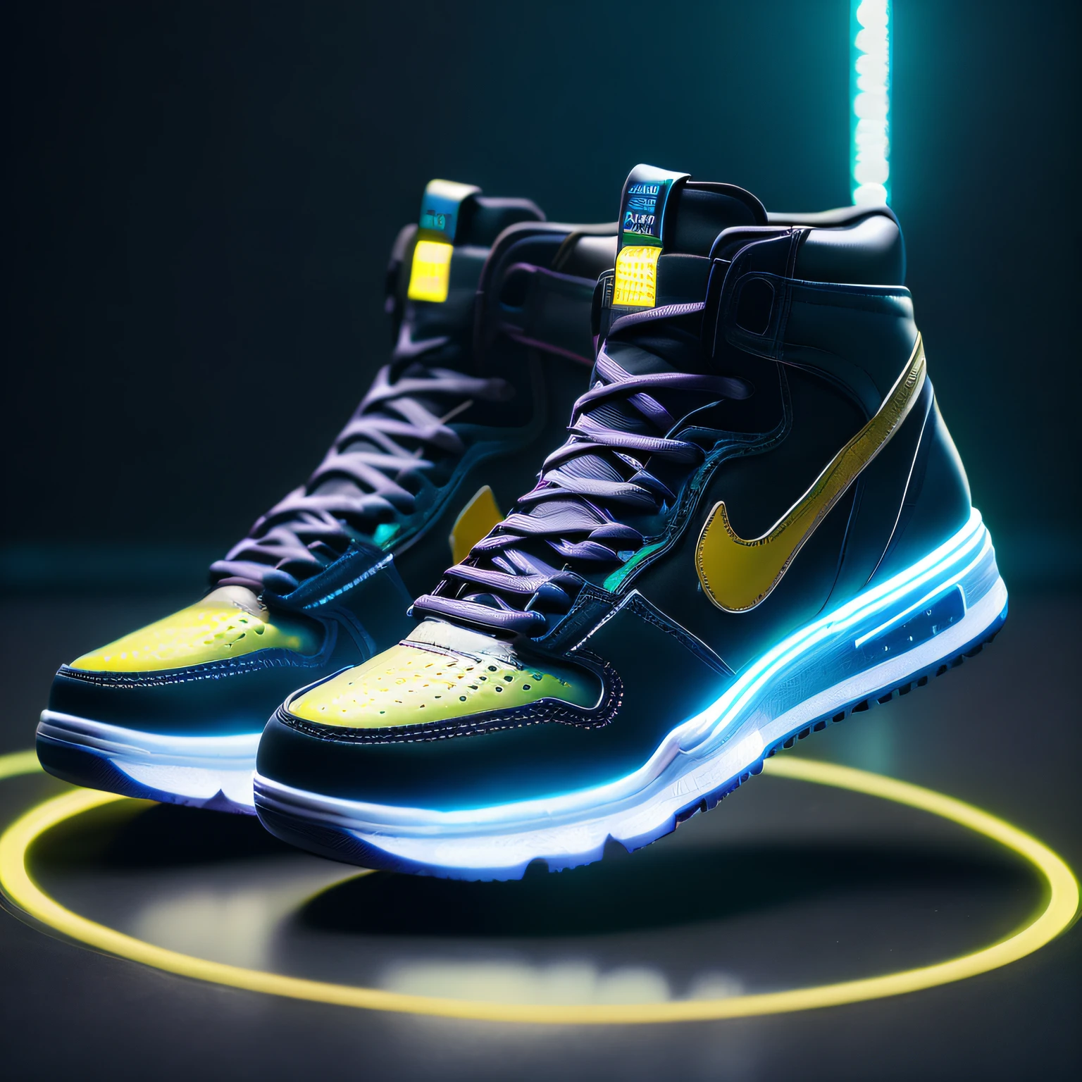 Product Photography of Cyberpunk Sneakers, Epic Rendering, Octane, Atmosphere, Particles, Soft Volumetric Light, (Backlight: 1.3), (Film: 1.3), Intricate Details, (ArtStation: 1.3)