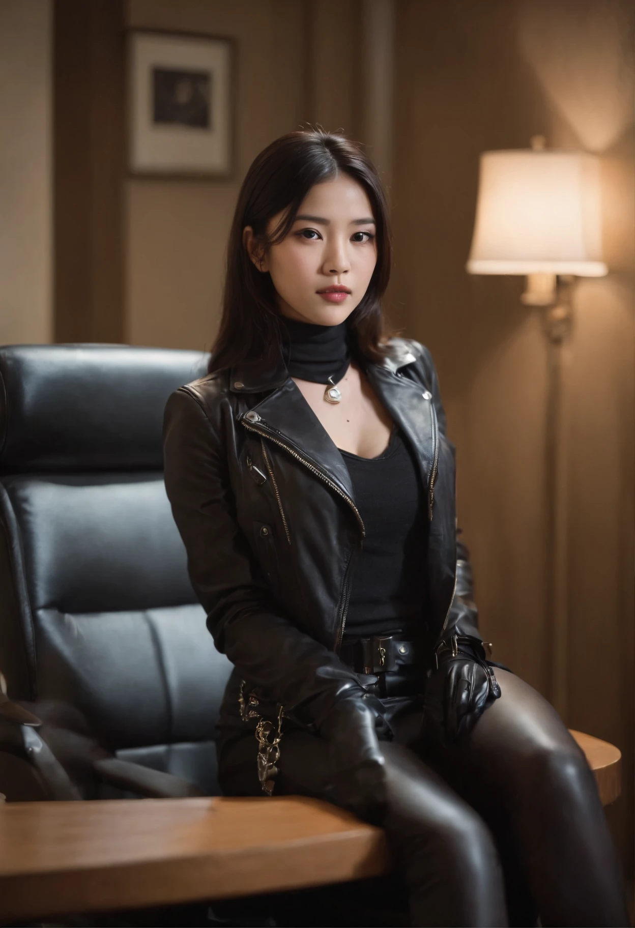 Wearing black leather gloves up to the fingertips in both hands and covering the upper body black leather double riders jacket slender necklace, a young and cute Japanese girl with beautiful black hair, sitting on a black leather chair at the desk in the president's room at night, secretly peeking at the computer screen