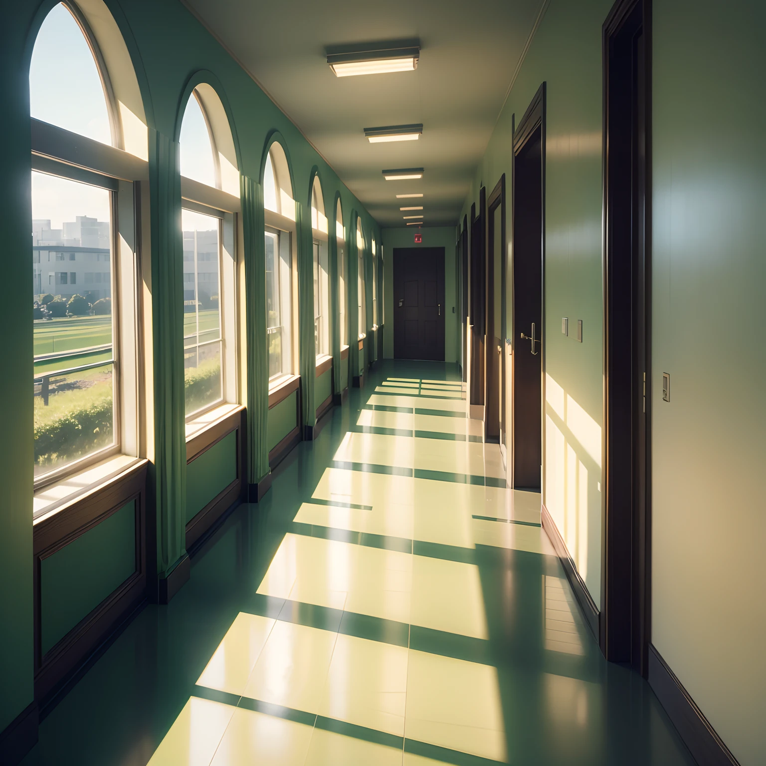 schools, landscapes, hallway, Realistic, high-level image quality, hightquality, wide, Classroom Door, (Wide hallway:1.1), Green floor, 4K, 8k, 16k