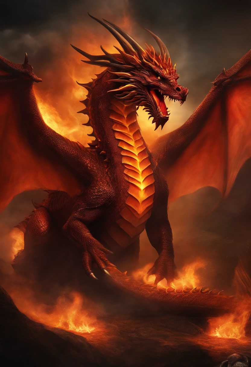 A red fire dragon, with fiery orange eyes, sharp dragon scales, spreading its wings and surrounded by flames.