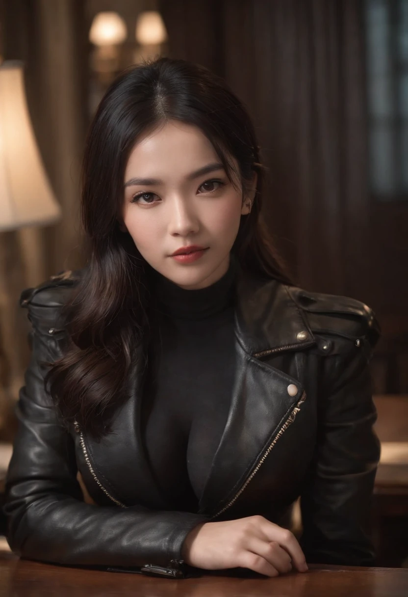 Upper body covered with black leather gloves up to the fingertips in both hands, black leather double riders jacket, slender necklace, young and cute Japanese girl with beautiful black hair, sitting on a black leather chair facing the desk in the president's room at night, sitting on a cheek stick