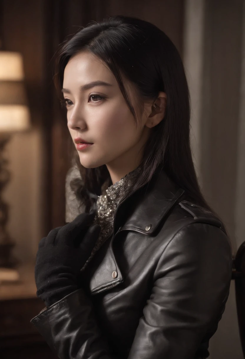 Upper body covered with black leather gloves up to the fingertips in both hands, black leather double riders jacket, slender necklace, young and cute Japanese girl with beautiful black hair, sitting on a black leather chair facing the desk in the president's room at night, sitting on a cheek stick