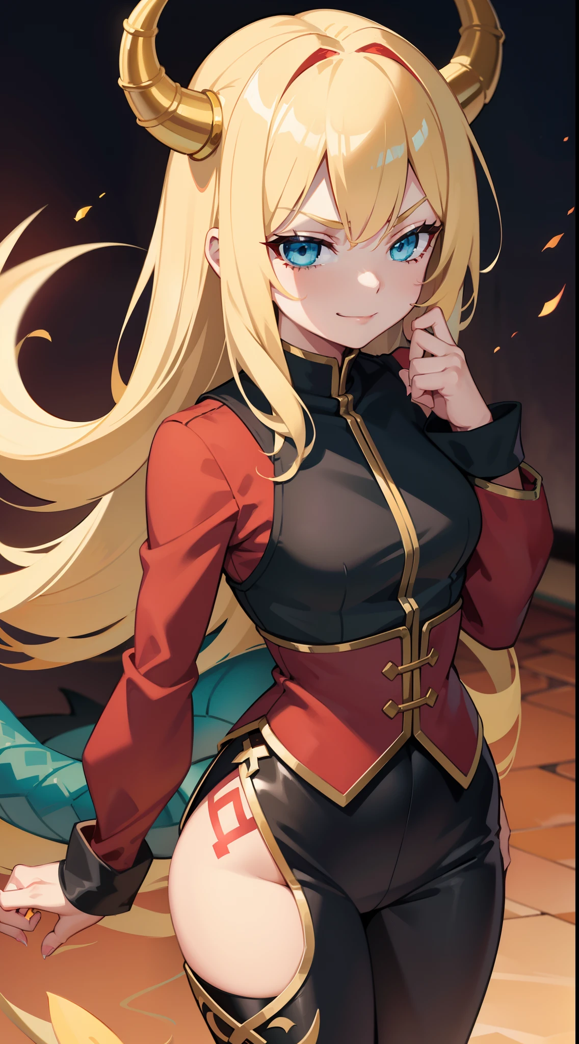 young girl, longue blonde hair, barrette, turquoise eyes, dragon tattoo, dragon horns, Red tight shirt, Gold Elements, pants, open thighs, claws, smirk, Masterpiece, hiquality, 4k, HD, Good detail