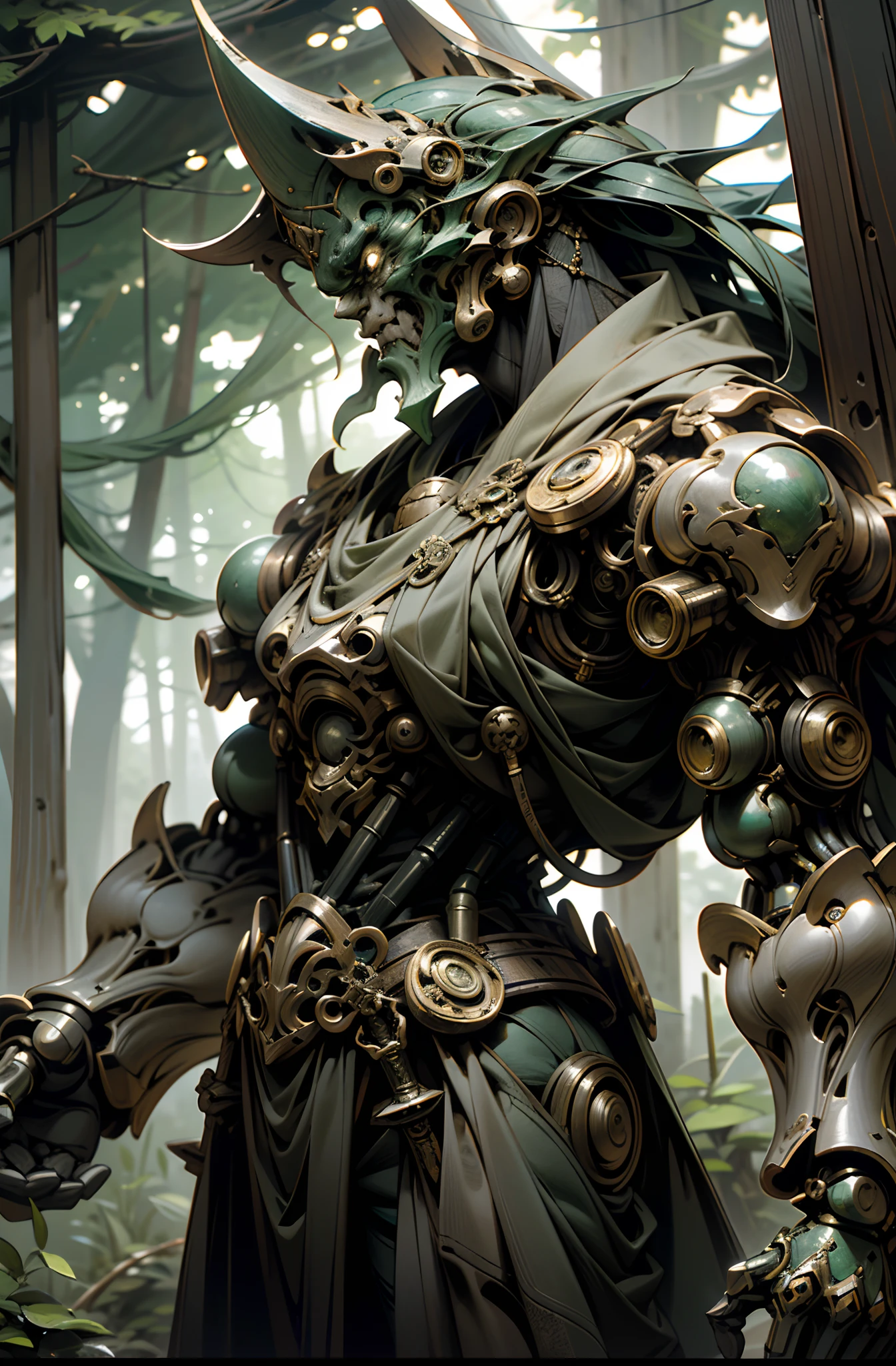 Ancient Mechanical Masterpiece, Wooden frame, wood, giant ancient forest guardian, giant mechanical unit, holding sword, absolute stunning art, lush green forest background, highest quality art, highest resolution, hyper detailed, ancient, atmospheric, 8k, 64k, HD, unparalleled masterpiece, dynamic lighting, cinematic, epic