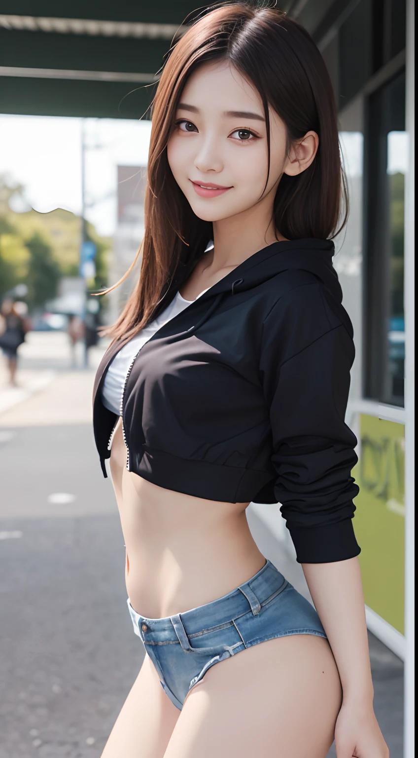 highest quality, ultra high resolution, (realistic:1.4), 1 girl, loose oversized black jacket, white sports bra, (yoga pants:1), (light brown hair:1.2), view viewer, smile, fat body, street, urban, compensate, wide angle