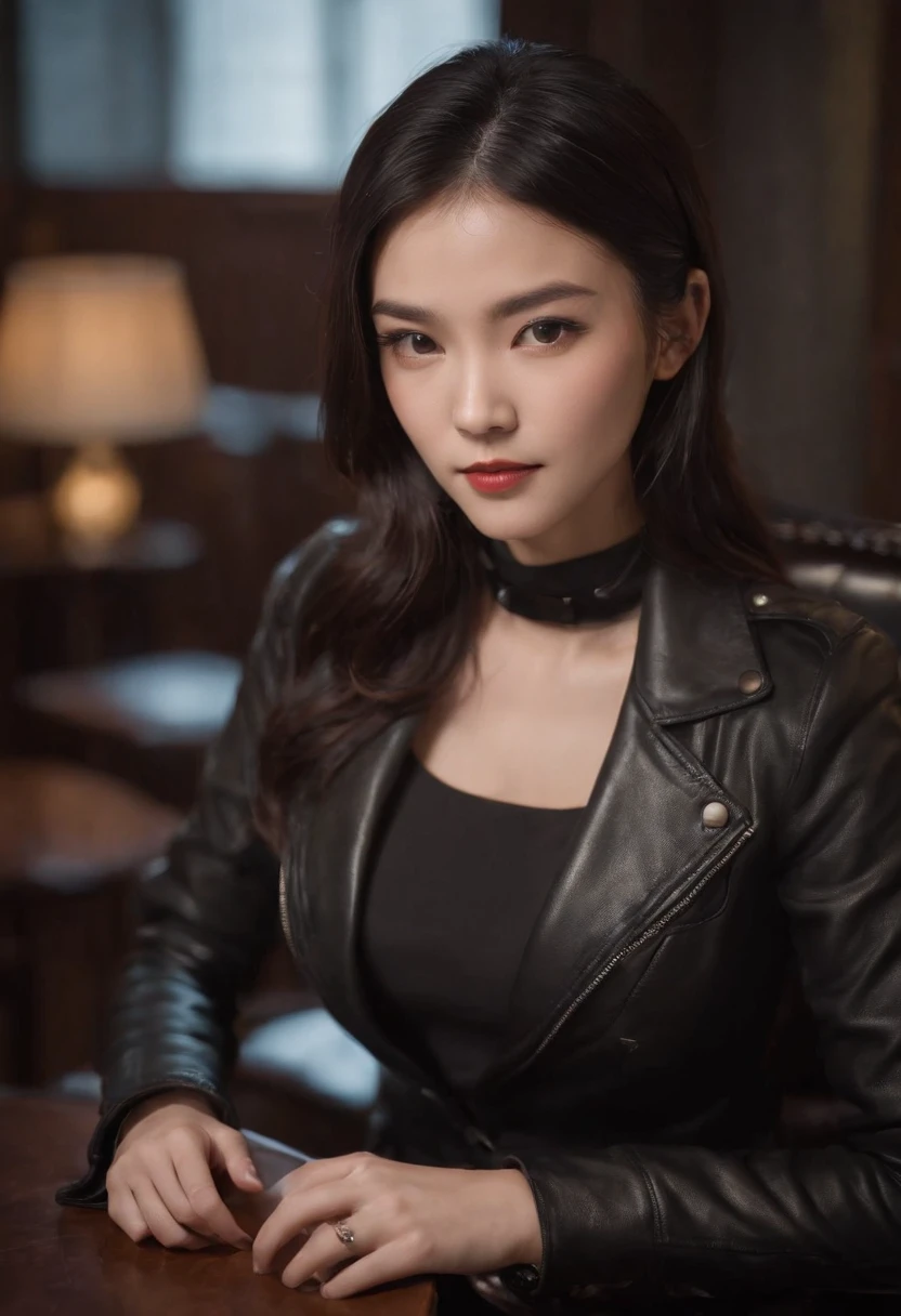 Upper body covered with black leather gloves up to the fingertips in both hands, black leather double riders jacket, slender necklace, young and cute Japanese girl with beautiful black hair, sitting on a black leather chair facing the desk in the president's room at night, sitting on a cheek stick