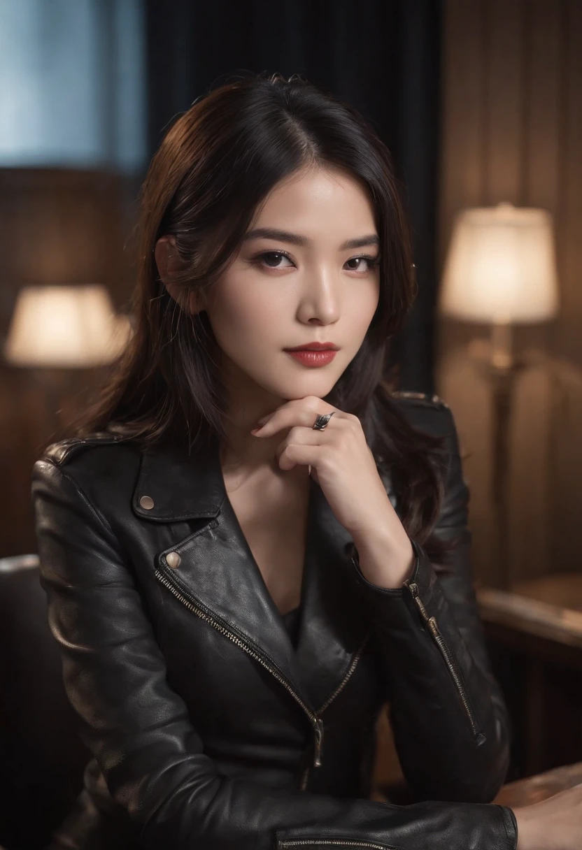 Upper body covered with black leather gloves up to the fingertips in both hands, black leather double riders jacket, slender necklace, young and cute Japanese girl with beautiful black hair, sitting on a black leather chair facing the desk in the president's room at night, sitting on a cheek stick