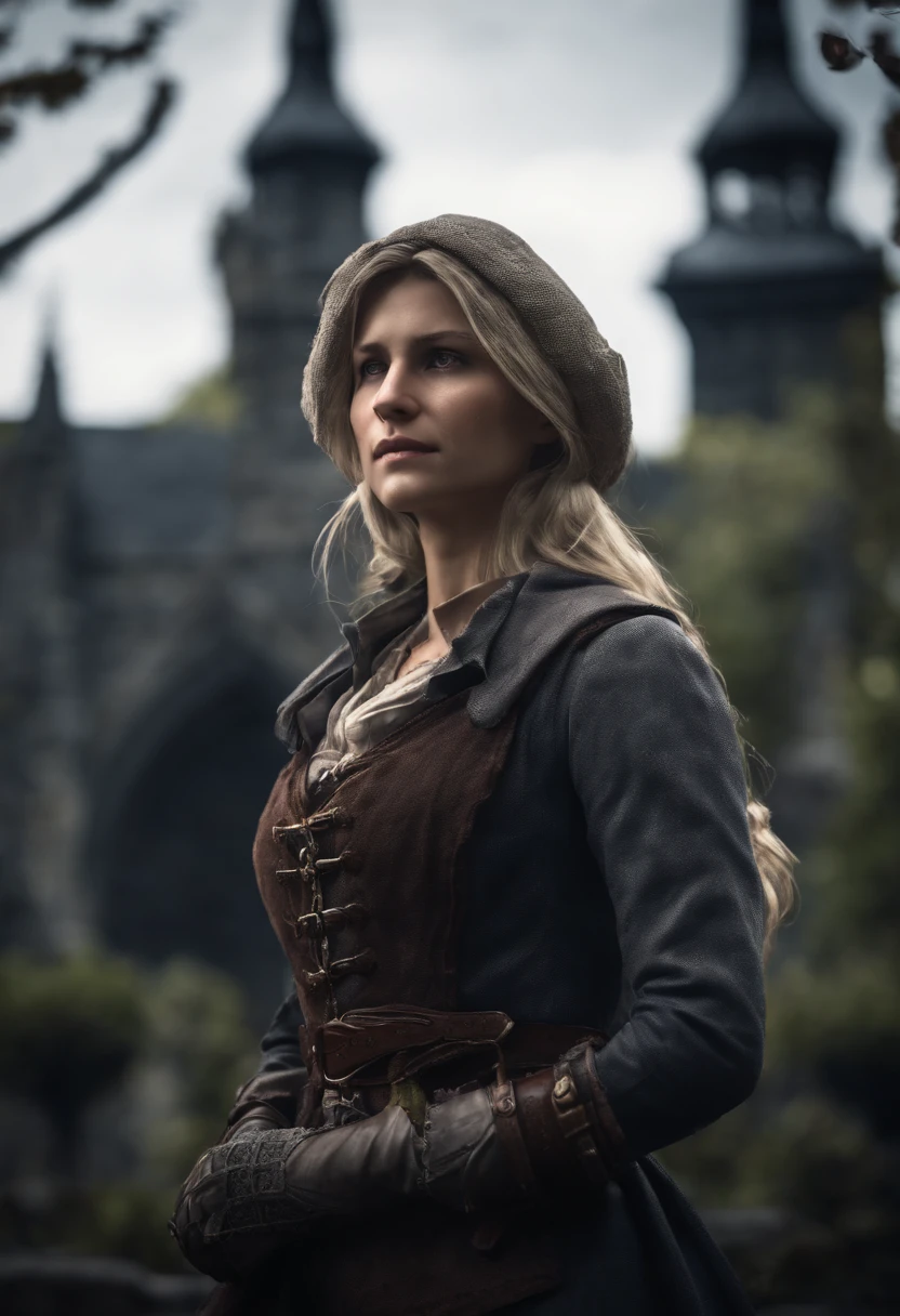 Beautiful and young Lady Maria from Bloodborne with her common clothes at Yharnam City