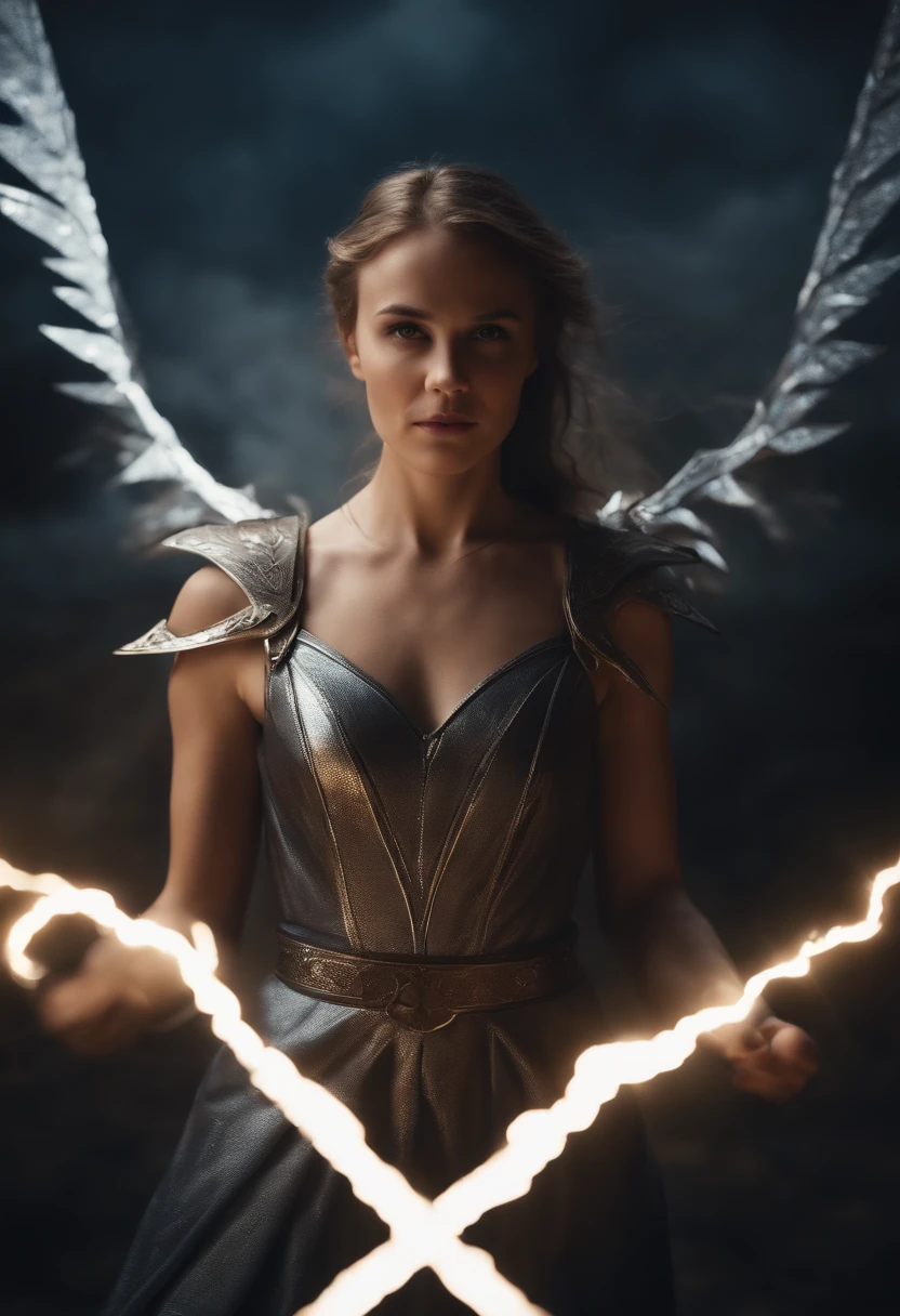 (a girl with) angelic wings, (wielding a) lightning sword, (in a) aerial view, (with) lightning
