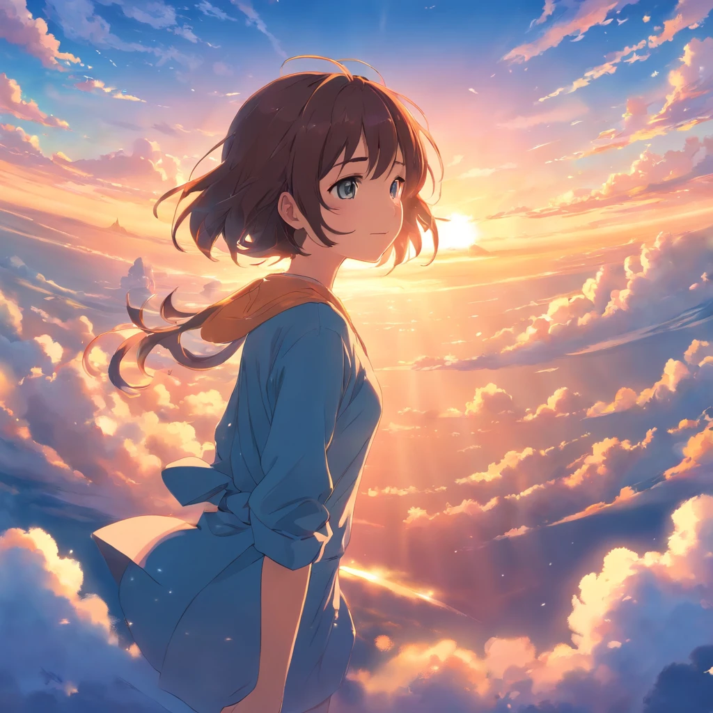 masterpiece, best quality, movie still, 1girl, cloud girl, floating in the sky, close-up, bright, happy, warm soft lighting, sunset, (sparks:0.7)