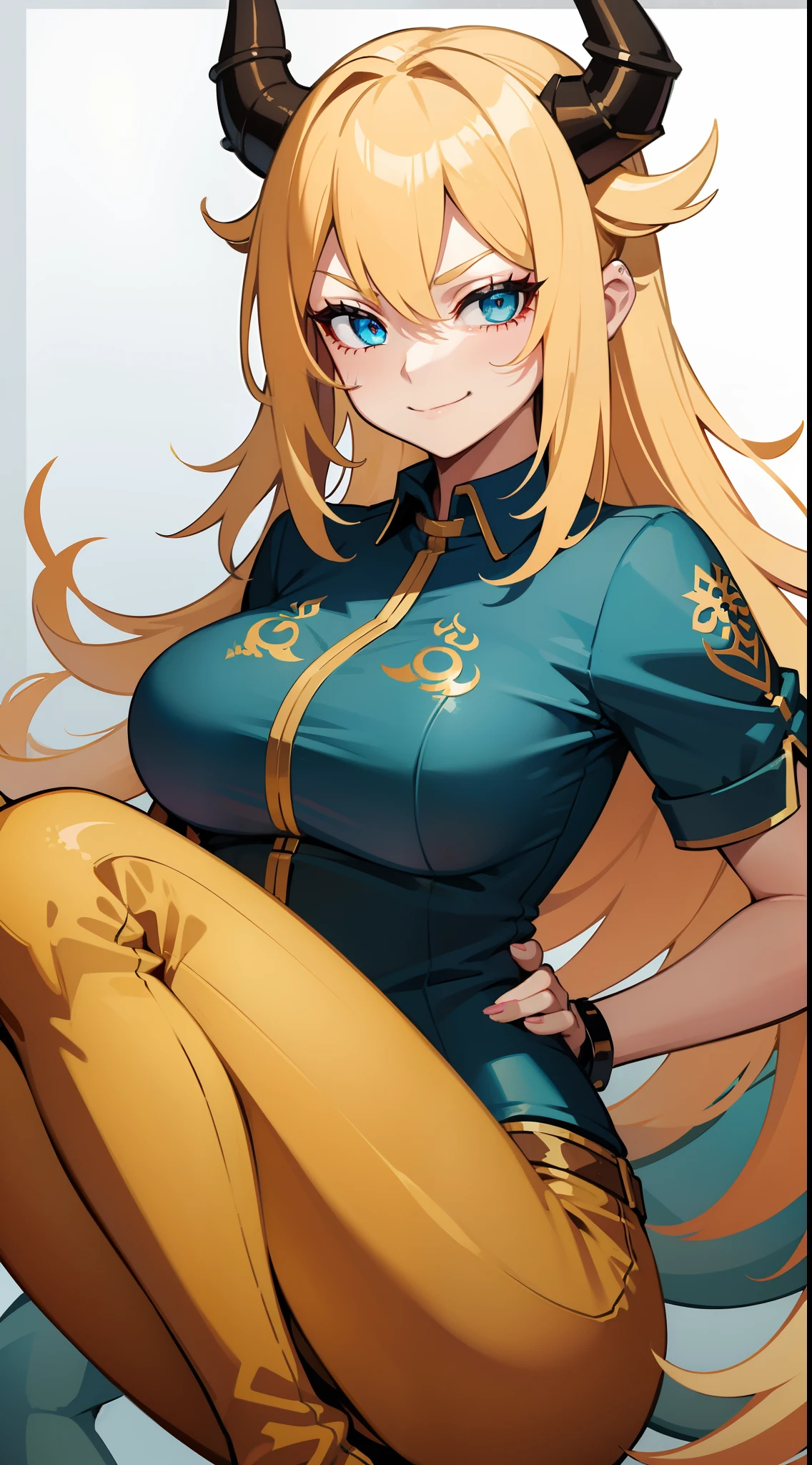 young girl, longue blonde hair, barrette, turquoise eyes, dragon tattoo, dragon horns, Red tight shirt, Gold Elements, pants, open thighs, claws, smirk, Masterpiece, hiquality, 4k, HD, Good detail