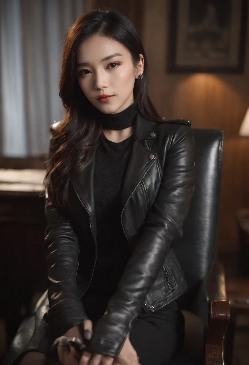 Upper body covered with black leather gloves up to the fingertips in both hands, black leather double riders jacket, slender necklace, young and cute Japanese girl with beautiful black hair, sitting on a black leather chair facing the desk in the president's room at night, sitting on a cheek stick