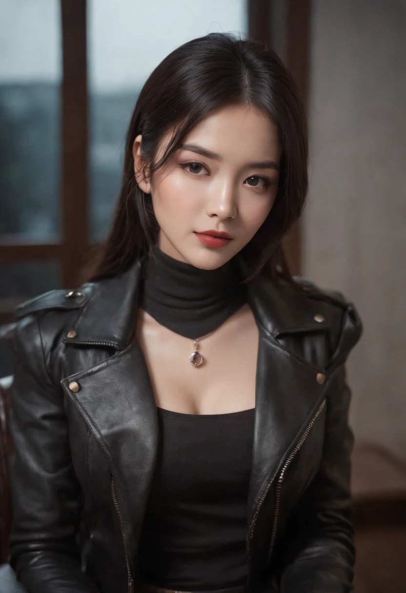 Upper body covered with black leather gloves up to the fingertips in both hands, black leather double riders jacket, slender necklace, young and cute Japanese girl with beautiful black hair, sitting on a black leather chair facing the desk in the president's room at night, sitting on a cheek stick