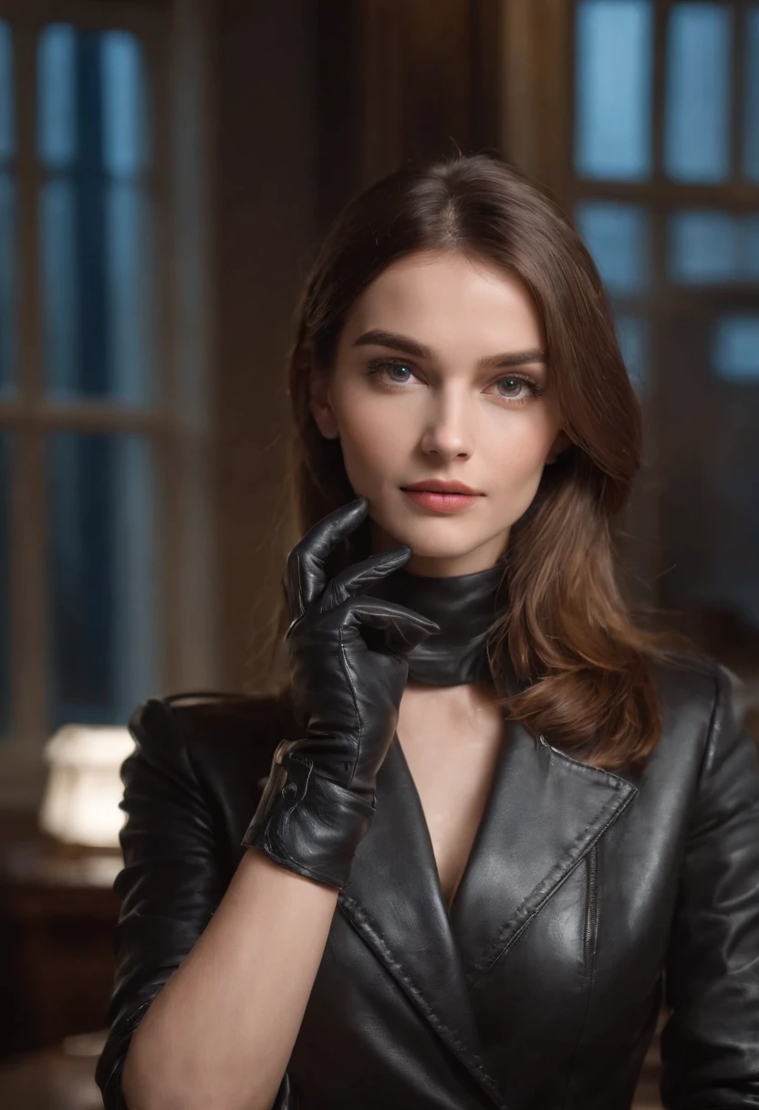Wear black leather gloves up to the fingertips in both hands and cover the torso, schwarze Leder-Doppelreiterjacke, schlanke Halskette, a young and cute Polish girl with beautiful brown hair, At night, you sit on a black leather chair at the desk in the president's room, heimlicher Blick auf den Computerbildschirm, blaue Augen