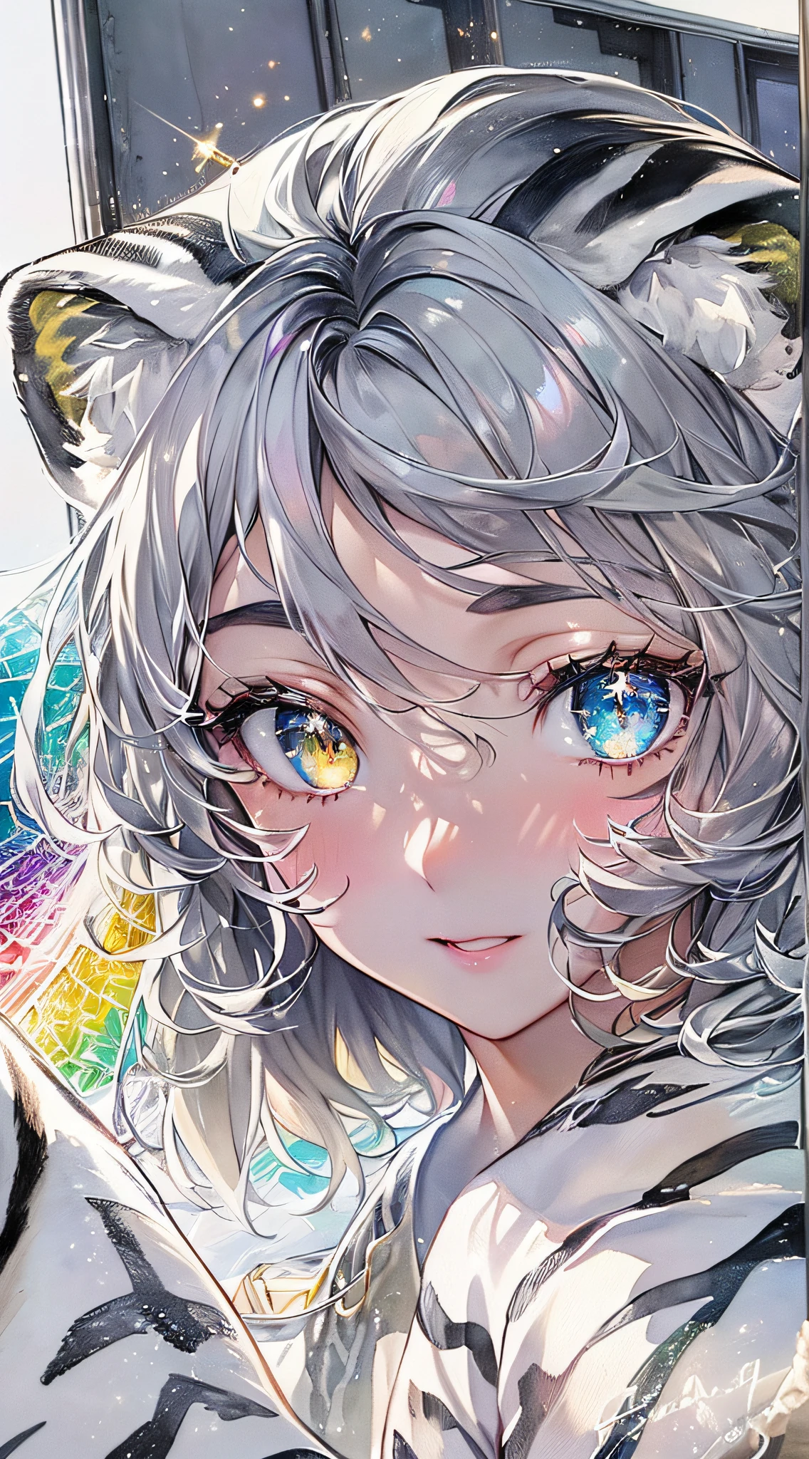 Soft Focus , (Bright gradient watercolor :1.5, Lens Flare:1.5 , Glitter :1.5), Glow , Dreamy , White background、Grid illusion, Colorful,、((extremely detailed eye:1.5)),((Face Zoom:1.5)),((Face Focus:1.5)),(((masterpiece、top-quality、top-quality、watercolor paiting)))(Curly)、Official art、Beautifully Aesthetic:1.2)、eye glass:1.5、(girl with:1.5)、(Fractal Art:1.3)、The upper part of the body、colourfull、((Ultra-detailed retina:1.5))、embarrassed from、(Midriff)、((Super Detail Eyes:1.5))、(rainbow-colored hair、colourful hair、Half gray and half black hair:1.5)、((White tiger ears:1.5,White tiger tail:1.5)),((the Extremely Detailed CG Unity 8K Wallpapers、masterpiece、top-quality))、((ultra-detailliert:1.2))、(The best lighting、Best Shadows、extremely delicate and beautiful)、(the Extremely Detailed CG Unity 8K Wallpapers、masterpiece、best qualtiy、ultra-detailliert)、(The best lighting、Best Shadows、extremely delicate and beautiful)、(the perfect body:1.5),{{{{Dazzling brilliance}}}}、Rainbow Bridge、(masutepiece:1.2), Best Quality, (Illustration:1.2), (Ultra-detailed), hyperdetails, (delicate detailed), (Intricate details), (Cinematic Light, best quality backlight), solo women, Perfect body, (4girl), (Best Illumination, extremely delicate and beautiful), Cinematic Light、【emblem:Irridescent color 】、Blue sky with white angel wings proportional to body、Sunnyday