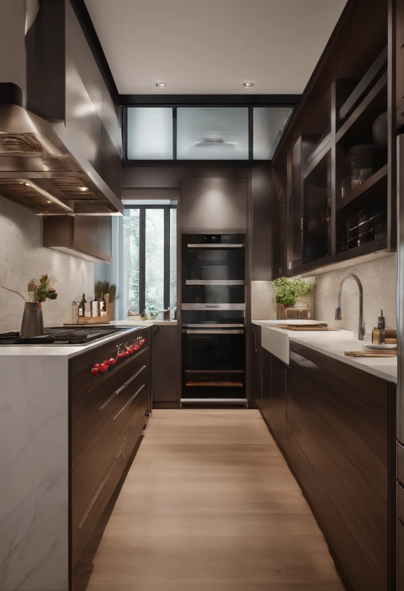 modern kitchen,Gorgeous renovation,Refrigerator,cupboard,Wide scene,in a panoramic view,from outside, UHD, high details