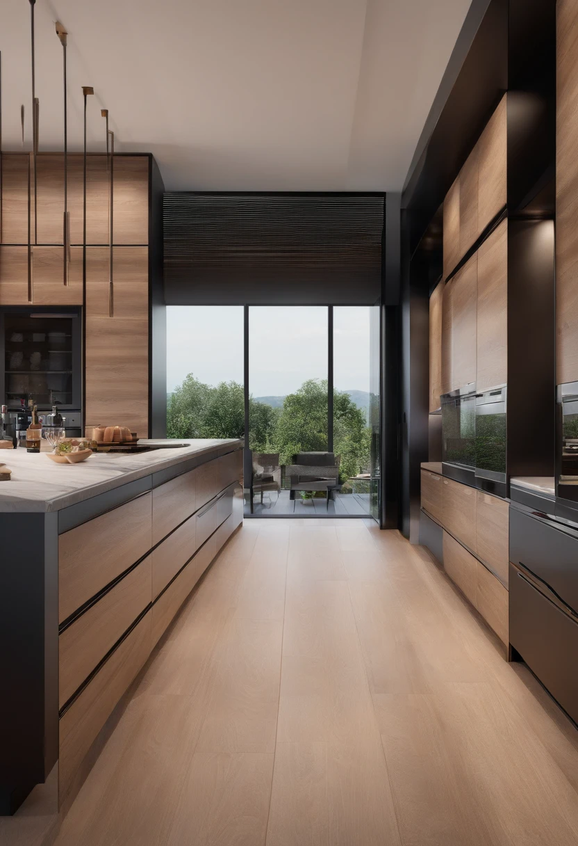 modern kitchen,Gorgeous renovation,Refrigerator,cupboard,Wide scene,in a panoramic view,from outside, UHD, high details