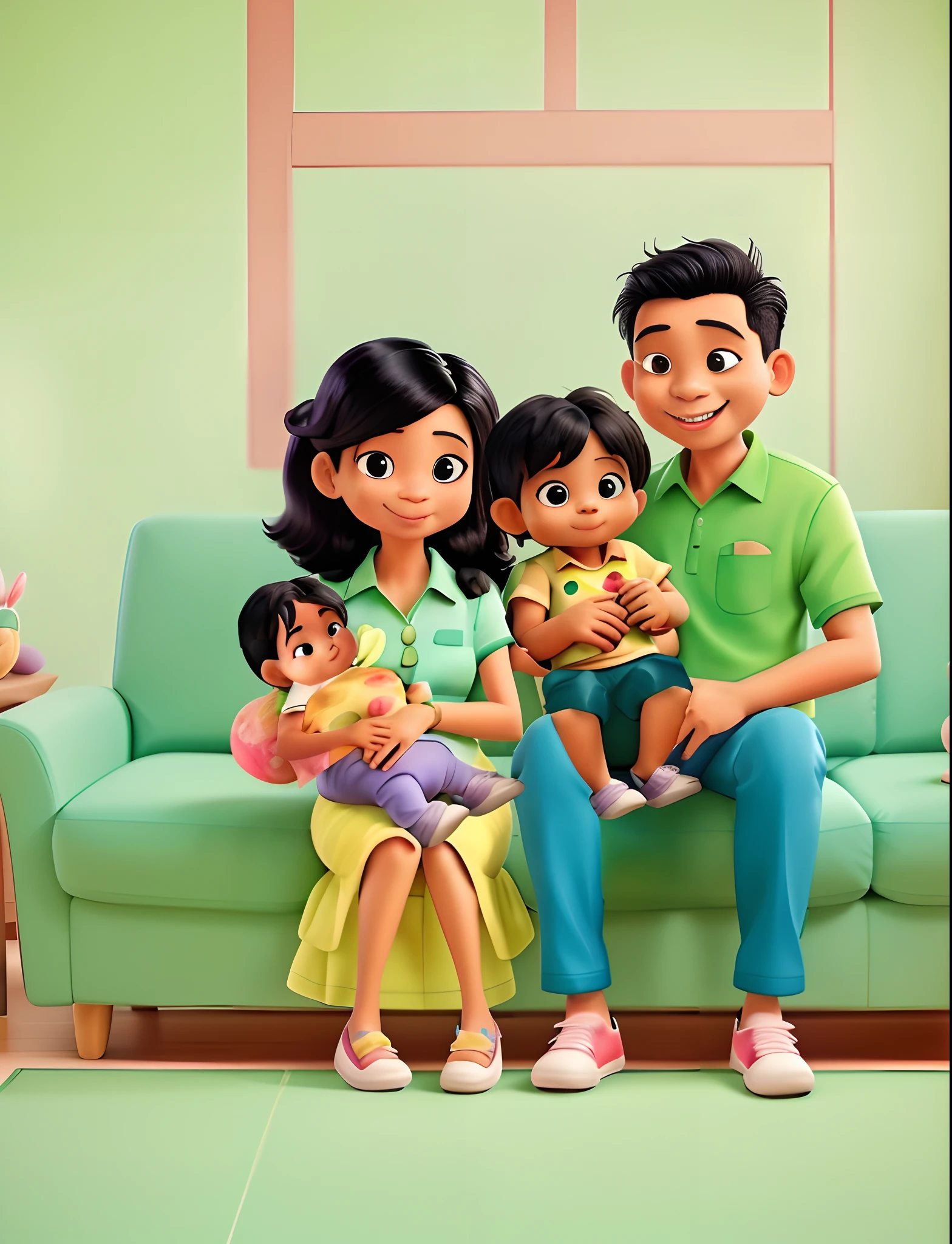 (best quality,4k,8k,highres,masterpiece:1.2),bright illustration 3D,happy family,mom and dad with 2 children sitting on sofa,smiling faces,warm atmosphere,cozy living room,comfortable cushions,vivid colors,lively scene,sunlight pouring in,soft natural lighting,loving parents,joyful kids,enjoying quality time together,affectionate bond,harmonious relationship,bright background,cheerful expressions,mom's beautiful eyes and smile,dad's kind appearance,cute and happy children,relaxed and content,beautifully detailed eyes,soft and cozy sofa fabric,realistic texture on the cushions,impressive attention to detail,immaculate 3D rendering,warm tones,perfectly balanced composition,vibrant artwork,engaging and lively setting,lovingly depicted family,blissful moment captured,lovely family portrait,enchanting and heartwarming visual.