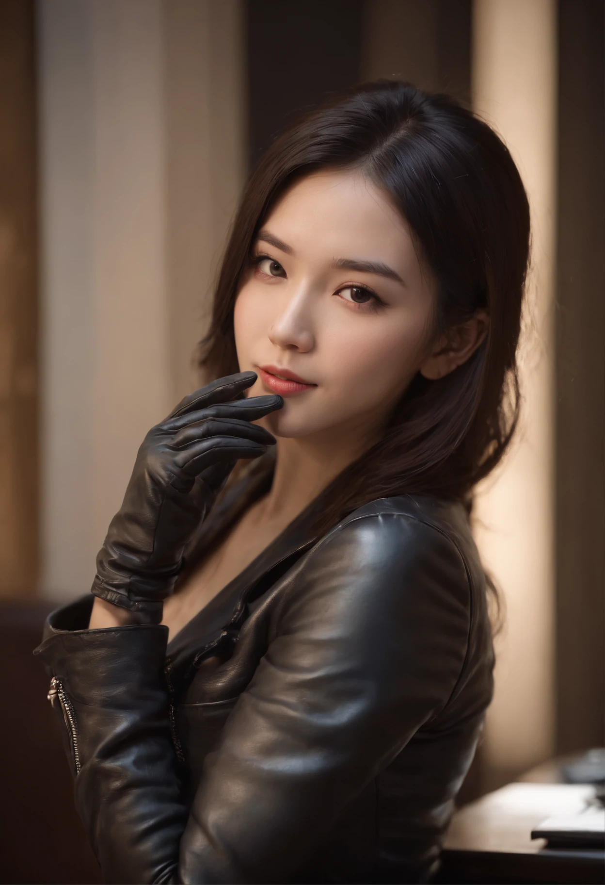 Wear black leather gloves on both hands, Upper body, Black Leather Rider Jacket, Necklace on the chest, Smiling at desk in modern study in the dark, Black long straight hair, Young Chinese Woman (Black leather gloves cover hands) Fingers in black leather gloves, Sit in a leather chair, Work on a computer, Staring at the screen,Colossal tits,Crisp half exposed breasts、Taking a selfie with a smartphone