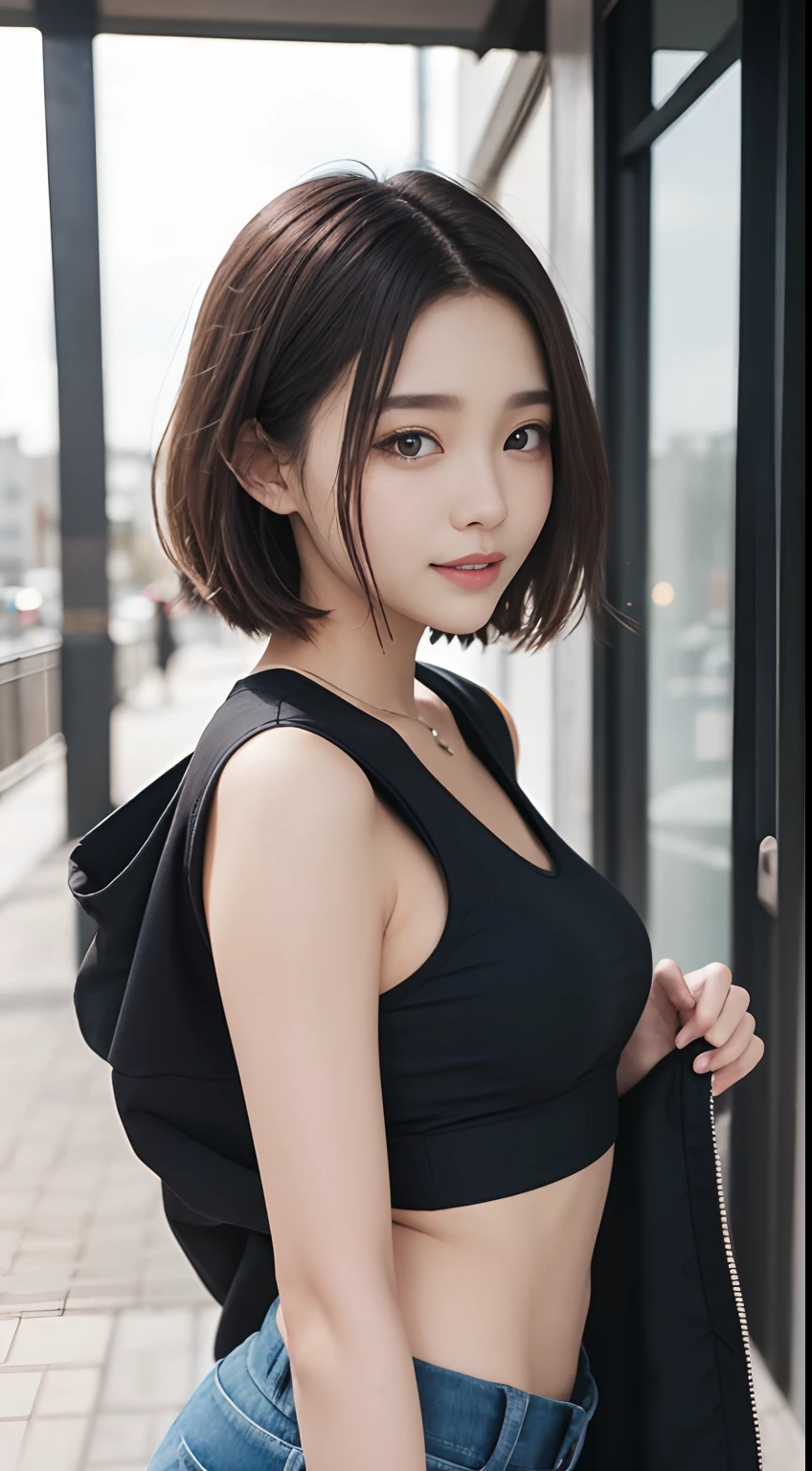 The 8k quality、Top image quality、超A high resolution、masterpiece、Photorealsitic、Raw photography、超A high resolution、21-year-old Korean、small tits、Dynamic angles、Cowboy Shots、smil、Laugh、The most beautiful forms chaos、elegent、Brutalist design、Vibrant colors、a short bob、smil、shiny white skin、Beautiful eyes with random colors、very thin lips、Beautiful eyes in every detail、Beautiful double eyelids、light chestnut hair、a park、Daytime outdoor、Overall、Black crop top、parka、hotpants、shot from a side angle、