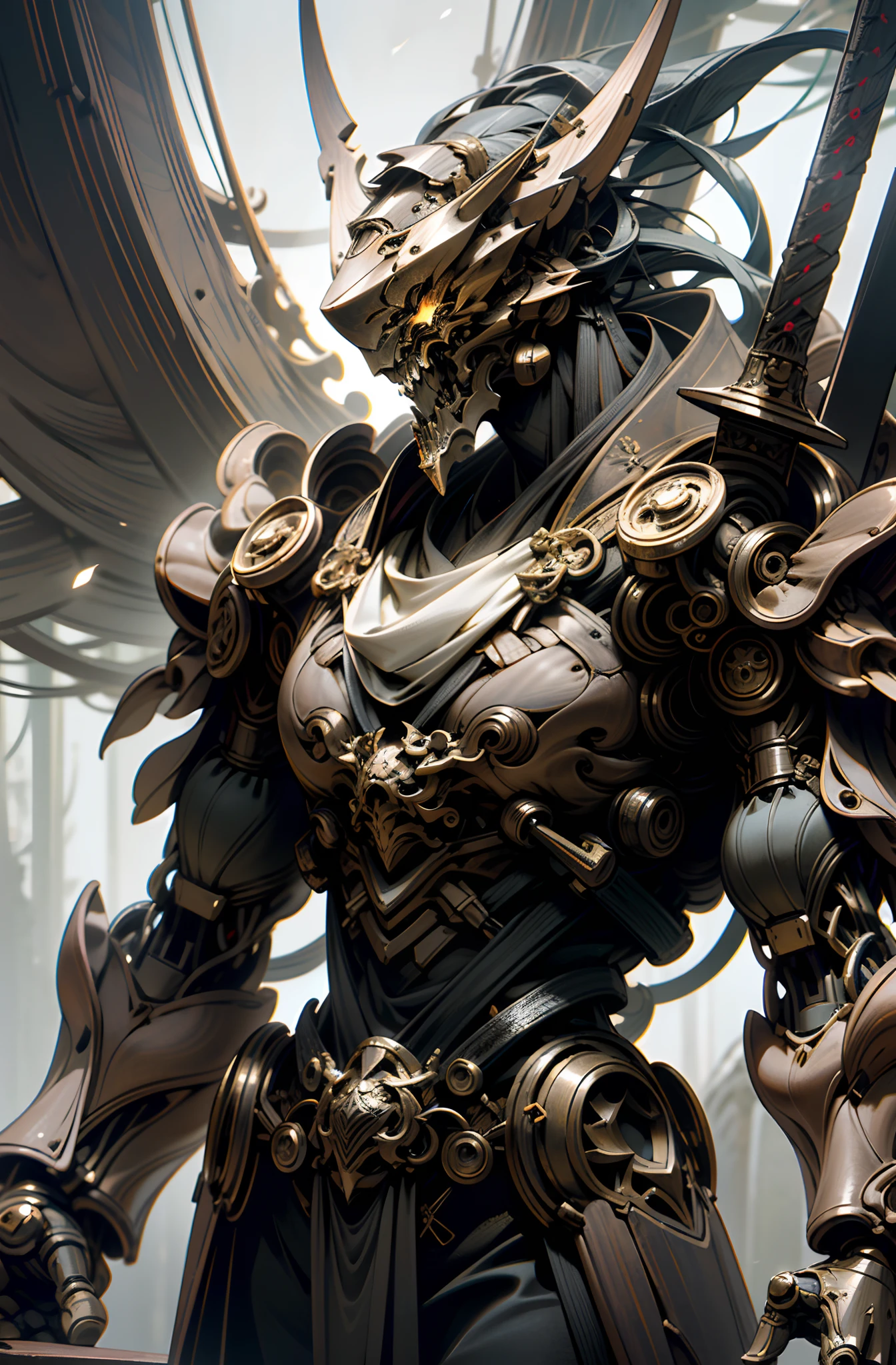 Ancient Mechanical Masterpiece, demon helmet, Wooden frame, wood, giant ancient forest guardian, giant mechanical unit, holding sword, absolute stunning art, natural bark design, highest quality art, highest resolution, hyper detailed, ancient, atmospheric, 8k, 64k, HD, unparalleled masterpiece, dynamic lighting, cinematic, epic