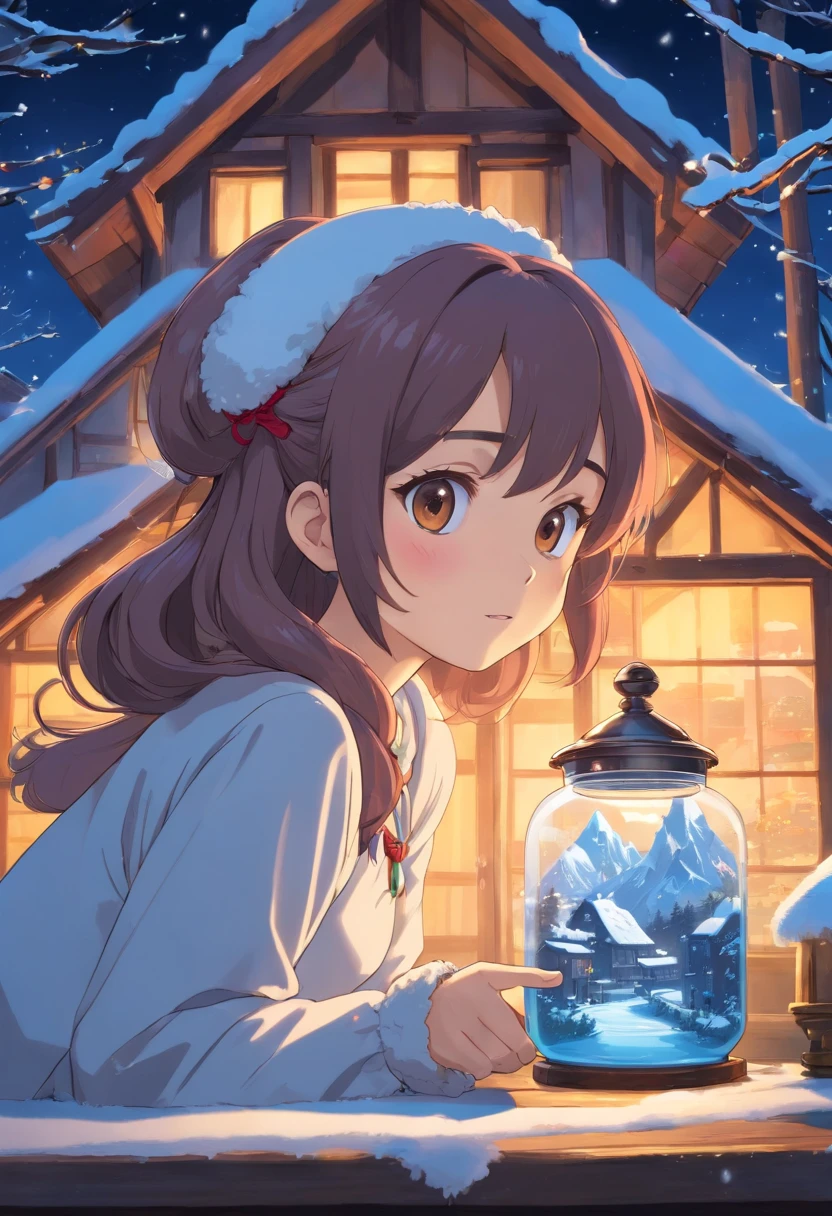 (Best Quality, Masterpiece:1.3), Illustration, ((Beautiful detailed face)), beautiful detail skin, intriciate detail, The ultra-detailliert, Best image quality in 8K, Cinematic lighting in the real world ,,,,,,,,,,,,,,,,,,,,,,,,,,,,,,,,,,,A glass jar with a snow-covered cabin in it