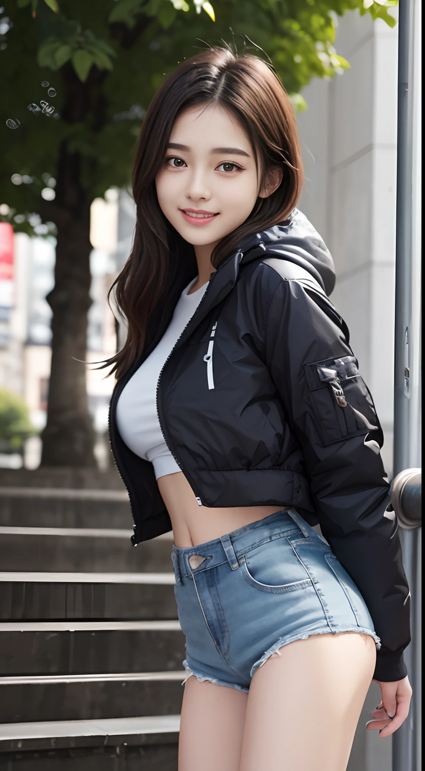 The 8k quality、Top image quality、超A high resolution、masterpiece、Photorealsitic、Raw photography、超A high resolution、21-year-old Korean、small tits、Dynamic angles、Cowboy Shots、smil、Laugh、The most beautiful forms chaos、elegent、Brutalist design、Vibrant colors、a short bob、smil、shiny white skin、Beautiful eyes with random colors、very thin lips、Beautiful eyes in every detail、Beautiful double eyelids、light chestnut hair、a park、Daytime outdoor、Overall、Black crop top、parka、hotpants、shot from a side angle、