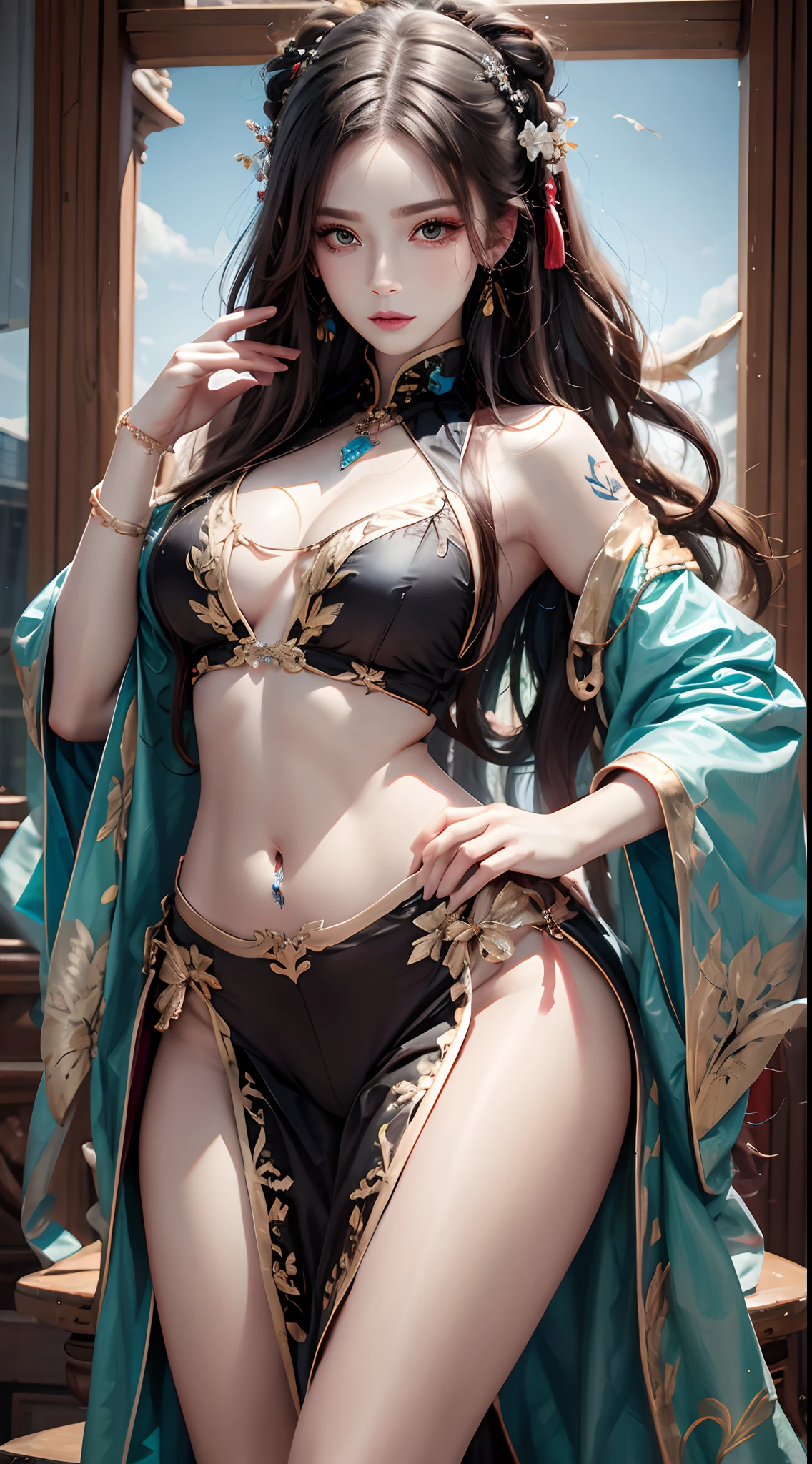photorealistic, high resolution, 1women, solo, hips up, jewelry, tattoo, wavy hair, hanfu