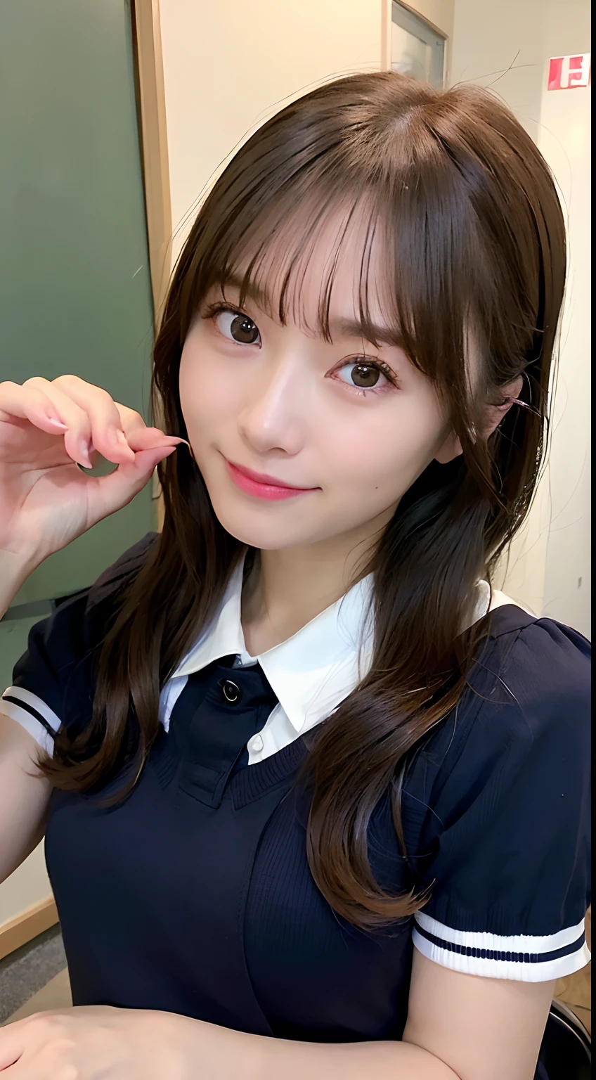 selfee、(from the front side),(Face:1.3),(Eye focus:1.4),(close up:1.3),(wide eyes:1.3),Attractive eyes,Eyelashes,Round eyes,jewelry eyes,Twinkle Eyes,slanted eye, eyesight, long eyelashes, Eye Highlights,(Smile with open mouth),look at viewr,Light transparency, Diffraction of light, Best Quality, masutepiece, High quality, High resolution, Detailed, (1womanl), (high-school uniform:1.5), Beautiful face, Full face blush:1.3, Beautiful eyes, (Blue-black hair), (semi long hair),((Hair to the shoulders:1.2)) (18year old,) (ample breasts:1.2), (A smile:1.2),perfect fingers in perfect hands,((A smile:1.2))