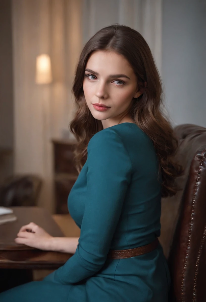 a young and cute Polish girl with beautiful brown hair, Bei Nacht, They sit on a black leather armchair at the desk in the president's room, heimlicher Blick auf den Computerbildschirm, blaue Augen