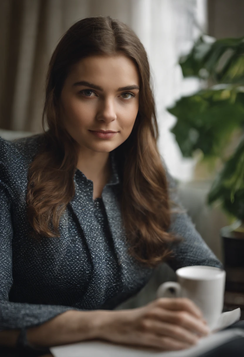 a young and cute Polish girl with beautiful brown hair, Bei Nacht, They sit on a black leather armchair at the desk in the president's room, heimlicher Blick auf den Computerbildschirm, blaue Augen