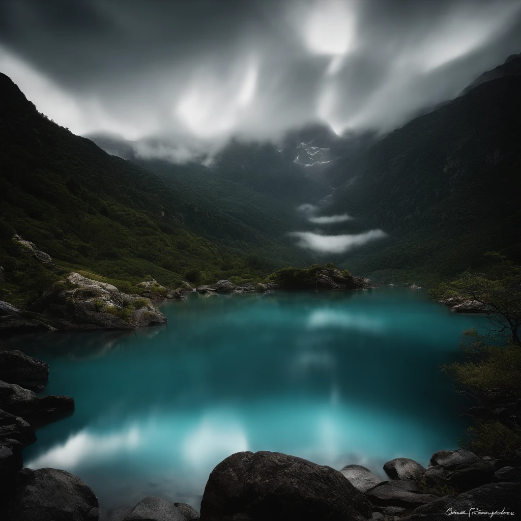 Magnificent view,Forest mountain landscape photography,Nature,It just rained,Bushes in the moonlight,Turquoise blue water,Boulders of various shapes,Alpine cliffs,1 white Phalaenopsis orchid,Minimalist cyan black and white gray tones,foggy sky,Nightmare vision, Dark fantasy plot,Perfect and excellent composition,8K分辨率,the detail,Rain trails,dampness,water stain,very wide angle shot,Jack Guzman's environmental art photography,realisticlying,cinematic compositions,Volumetriclighting,vividness, A detailed, stunning skies, Colorful clouds float,true to life, Pubic area is clear, flawless perfection, Digital SLR, 16k, 1024, 2048, 4096, A detailed, Sharp, best qualtiy, high qulity, absurderes,unmanned background,The is very detailed、Detailed lighting shadows,Trends on ArtStation、iintricate、high detal、dramatics、Midjourney Art(Volumetriclighting:1.2)hdr shot。(Faraway view,Super deep view,ultra-wide-angle,Microfocal length lens:1.2)(realisticlying:1.4)tmasterpiece、high high quality、Beautiful photography、globalillumination、