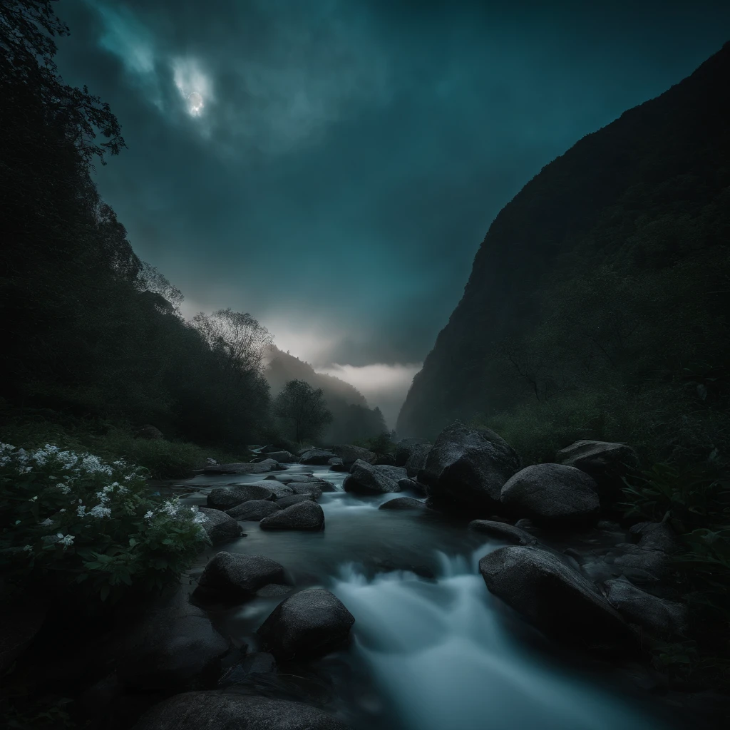 Magnificent view，Forest mountain landscape photography，Nature，It just rained，Bushes in the moonlight，Turquoise blue water，Boulders of various shapes，Alpine cliffs，1 white Phalaenopsis orchid，Minimalist cyan black and white gray tones，foggy sky，Nightmare vision， Dark fantasy plot，Perfect and excellent composition，8K分辨率，the detail，Rain trails，dampness，water stain，very wide angle shot，Jack Guzman's environmental art photography，realisticlying，cinematic compositions，Volumetriclighting，vividness, A detailed, stunning skies, Colorful clouds float，true to life, Pubic area is clear, flawless perfection, Digital SLR, 16k, 1024, 2048, 4096, A detailed, Sharp, best qualtiy, high qulity, absurderes，unmanned background，The is very detailed、Detailed lighting shadows，Trends on ArtStation、iintricate、high detal、dramatics、Midjourney Art（Volumetriclighting：1.2）hdr shot。（Faraway view，Super deep view，ultra-wide-angle，Microfocal length lens：1.2）（realisticlying：1.4）tmasterpiece、high high quality、Beautiful photography、globalillumination、