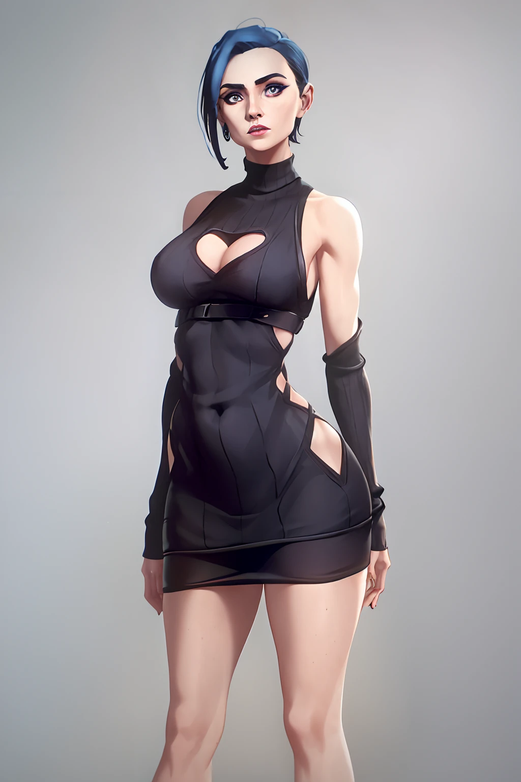 arcane style, 1 woman, (standing), (full body), (sleeveless black sweater minidress),(black keyhole sweater dress), European, (30 years), ((undercut blue hair)), (emo blue hair), perky chest, (big nose), adult lady, mature lady, (black eye-liner), ((dark eyes)), ((light Blue Hair)), perfect pale skin,(centered), detailed face, (waiting for someone),
