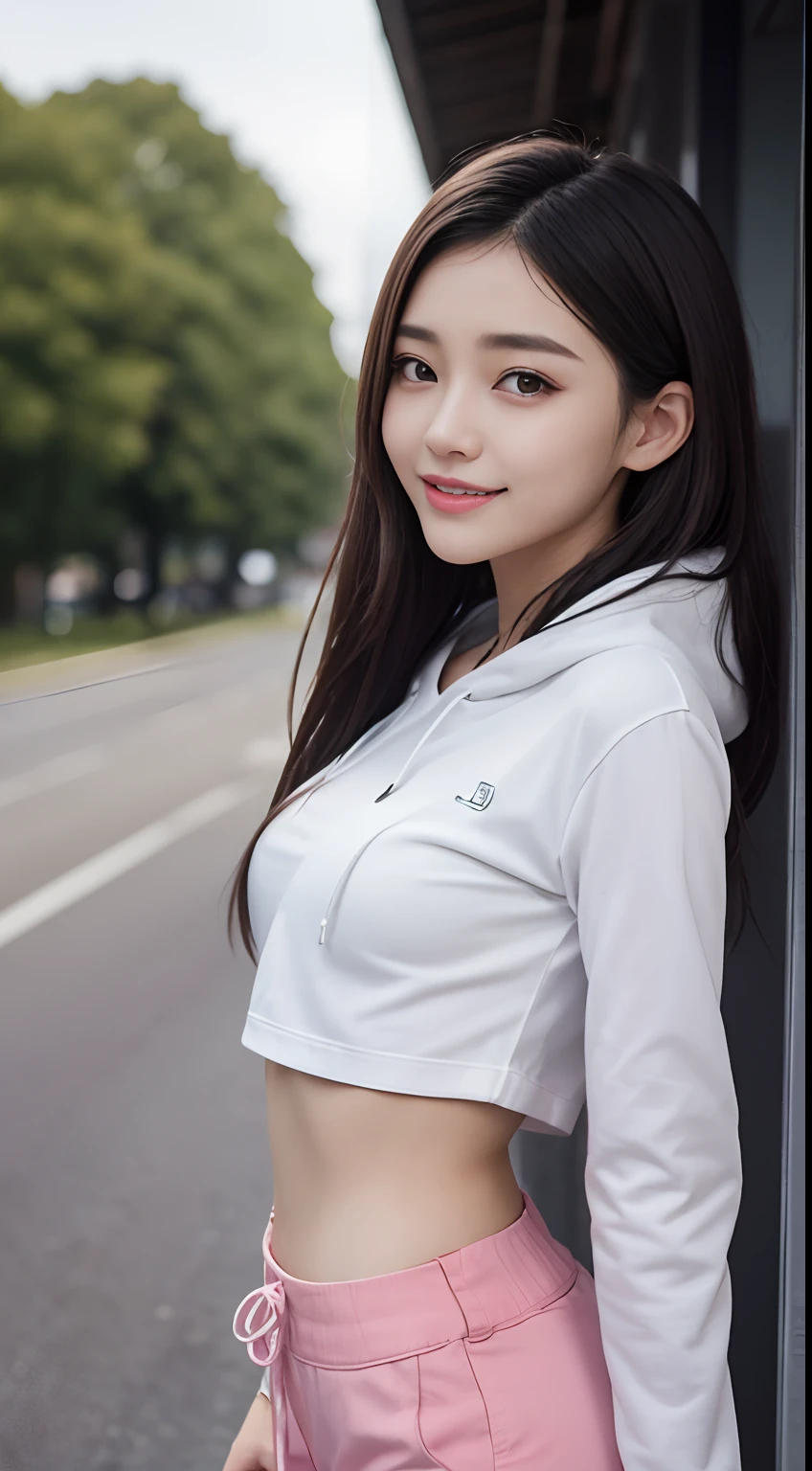 The 8k quality、Top image quality、超A high resolution、masterpiece、Photorealsitic、Raw photography、超A high resolution、21-year-old Korean、small tits、Dynamic angles、Cowboy Shots、smil、Laugh、The most beautiful forms chaos、elegent、Brutalist design、Vibrant colors、a short bob、smil、shiny white skin、Beautiful eyes with random colors、very thin lips、Beautiful eyes in every detail、Beautiful double eyelids、light chestnut hair、a park、Daytime outdoor、Overall、Black crop top、parka、hotpants、shot from a side angle、