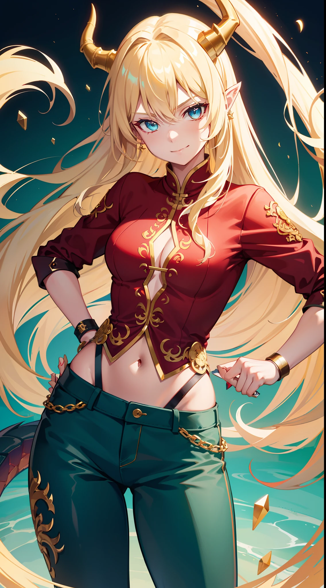 young girl, longue blonde hair, barrette, turquoise eyes, dragon tattoo, dragon horns, Red tight shirt, Gold Elements, pants, open thighs, claws, smirk, Masterpiece, hiquality, 4k, HD, Good detail