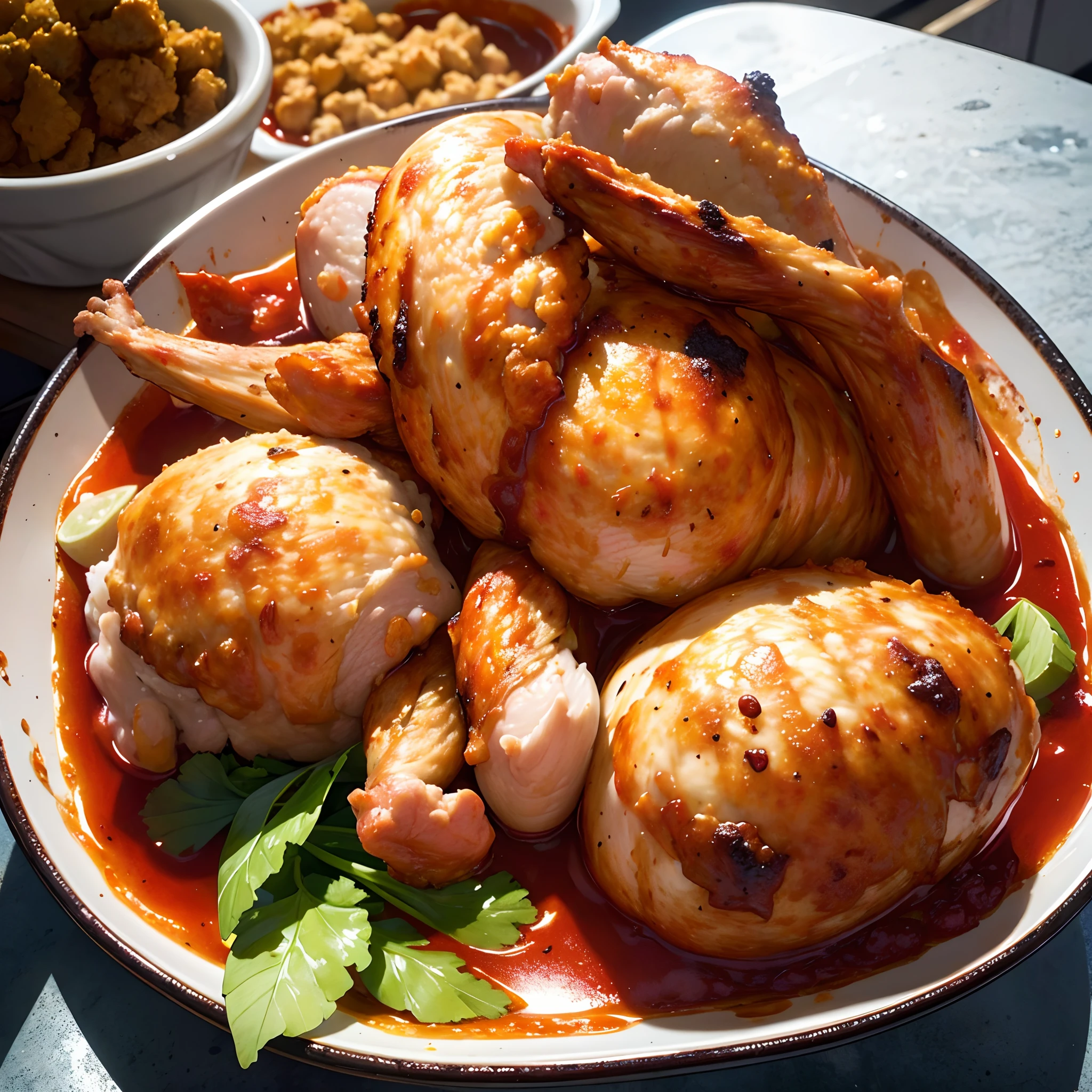 baked chicken, Best quality, masterpiece, ultra high res, (photorealistic:1.4), raw photo,