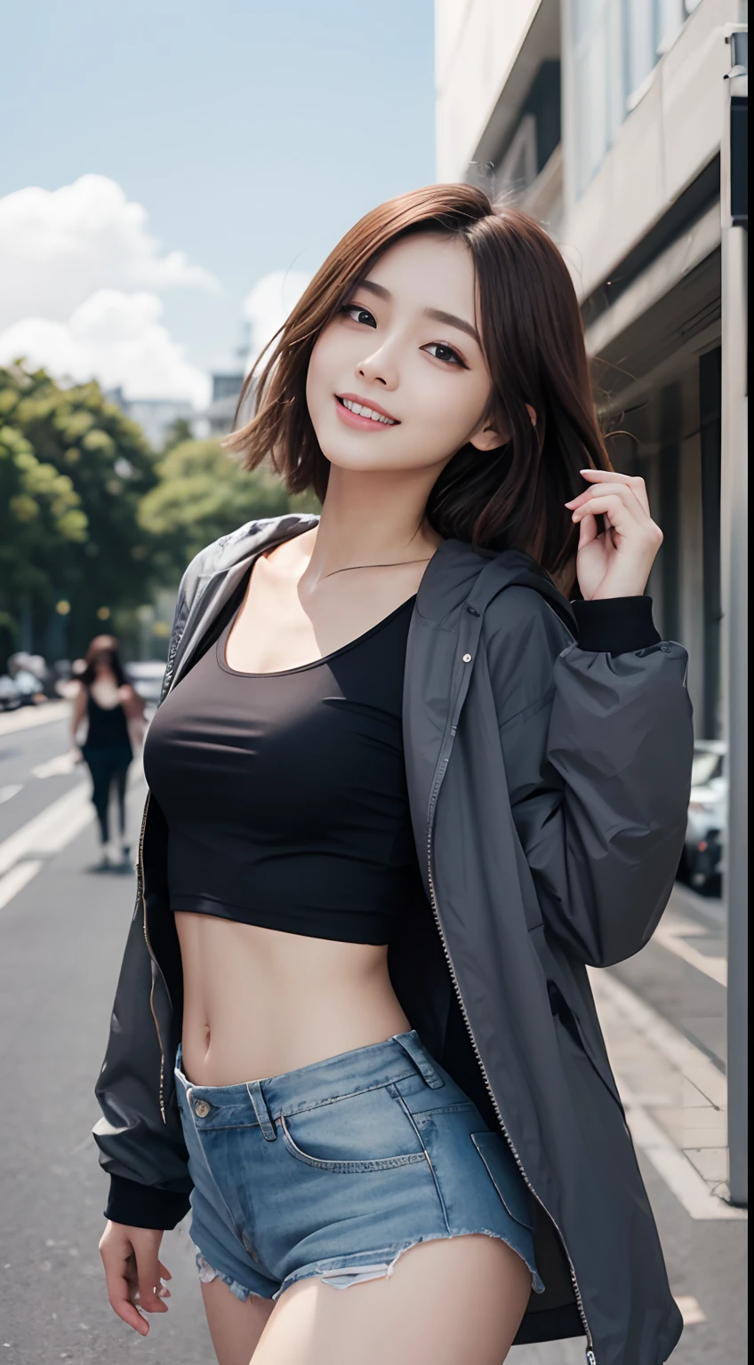 The 8k quality、Top image quality、超A high resolution、masterpiece、Photorealsitic、Raw photography、超A high resolution、21-year-old Korean、small tits、Dynamic angles、Cowboy Shots、smil、Laugh、The most beautiful forms chaos、elegent、Brutalist design、Vibrant colors、a short bob、smil、shiny white skin、Beautiful eyes with random colors、very thin lips、Beautiful eyes in every detail、Beautiful double eyelids、light chestnut hair、a park、Daytime outdoor、Overall、Black crop top、parka、hotpants、shot from a side angle、