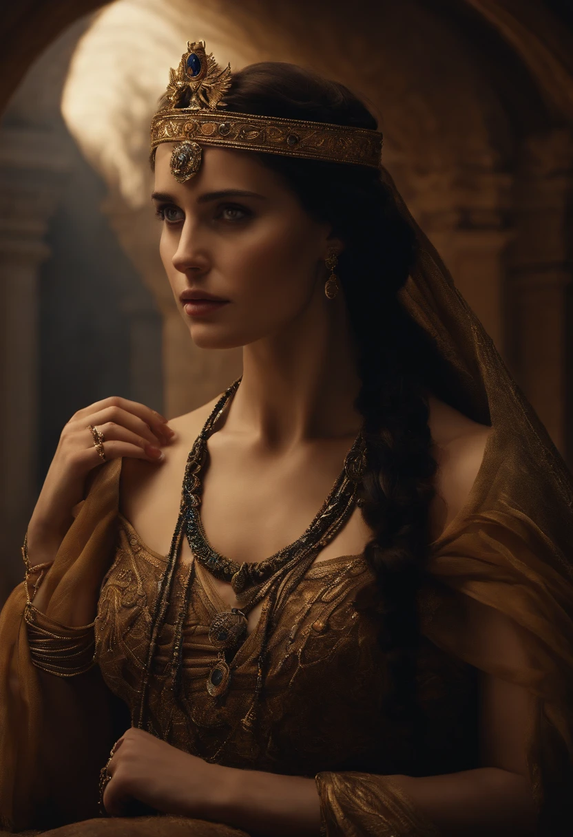 saint george realist human ultra realist, inspired by eva green, greek , ancient woman , ancient necklace, tiara on head, ancient jewlery, dark light