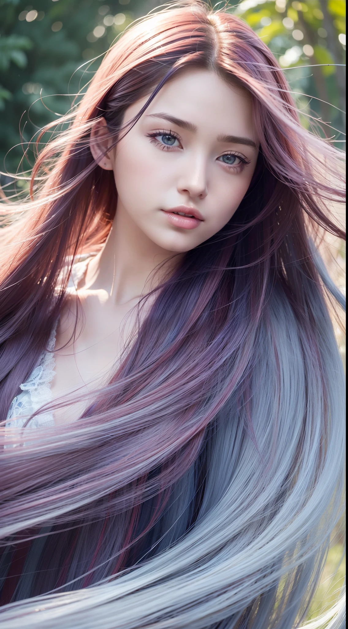 Best quality, A high resolution, Ultra-detailed, Realistic, Beautiful red to blue gradient wavy long hair blowing on a woman's serene face in a soft breeze, Long flowing hair was lifted, Vibrant flowers in the background of the park, Close-up shot