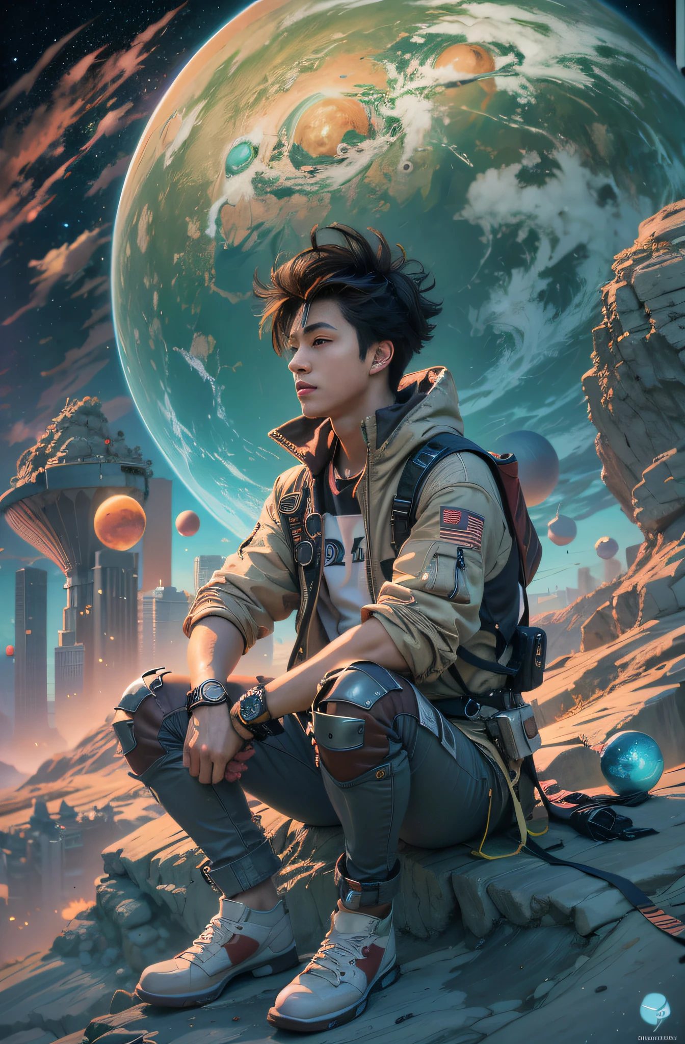 1boy, handsome young man planets