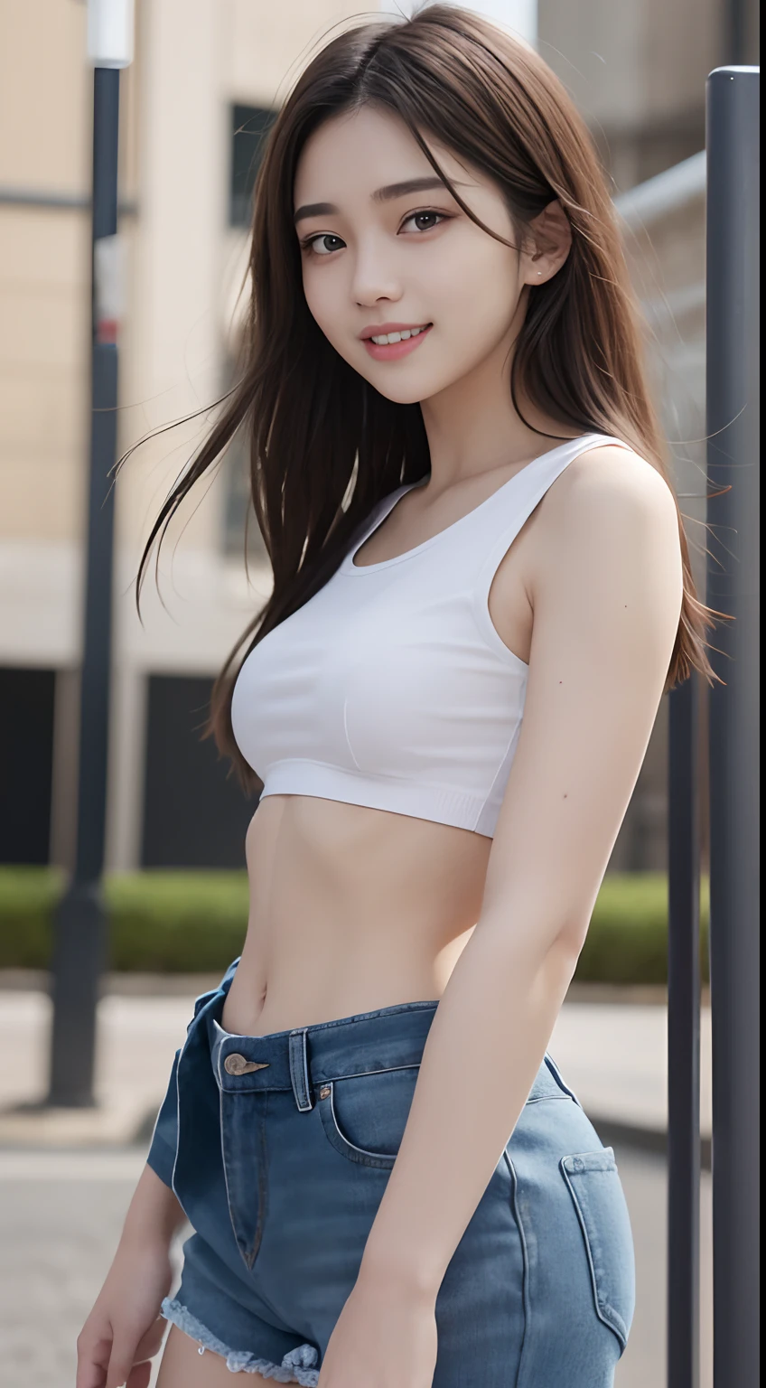 Chinese woman, Ningning, very long hair, black hair, straight hair, sexy woman, K-pop idol, Aespa K-pop, smiling, single woman, white tight bandeau tube top, white tight pants, white heels